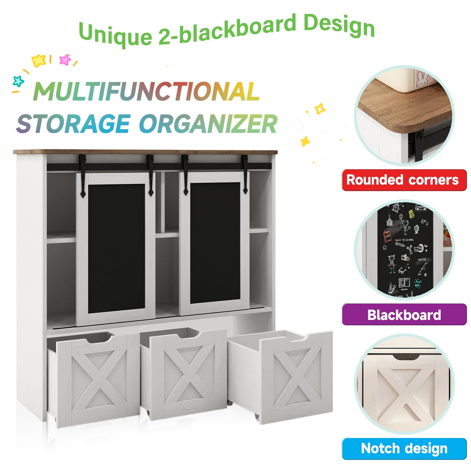 Vabches Toy Storage Organizer with 3 Drawers Kids Bookcase with Sliding Blackboard Storage Cabinet, White