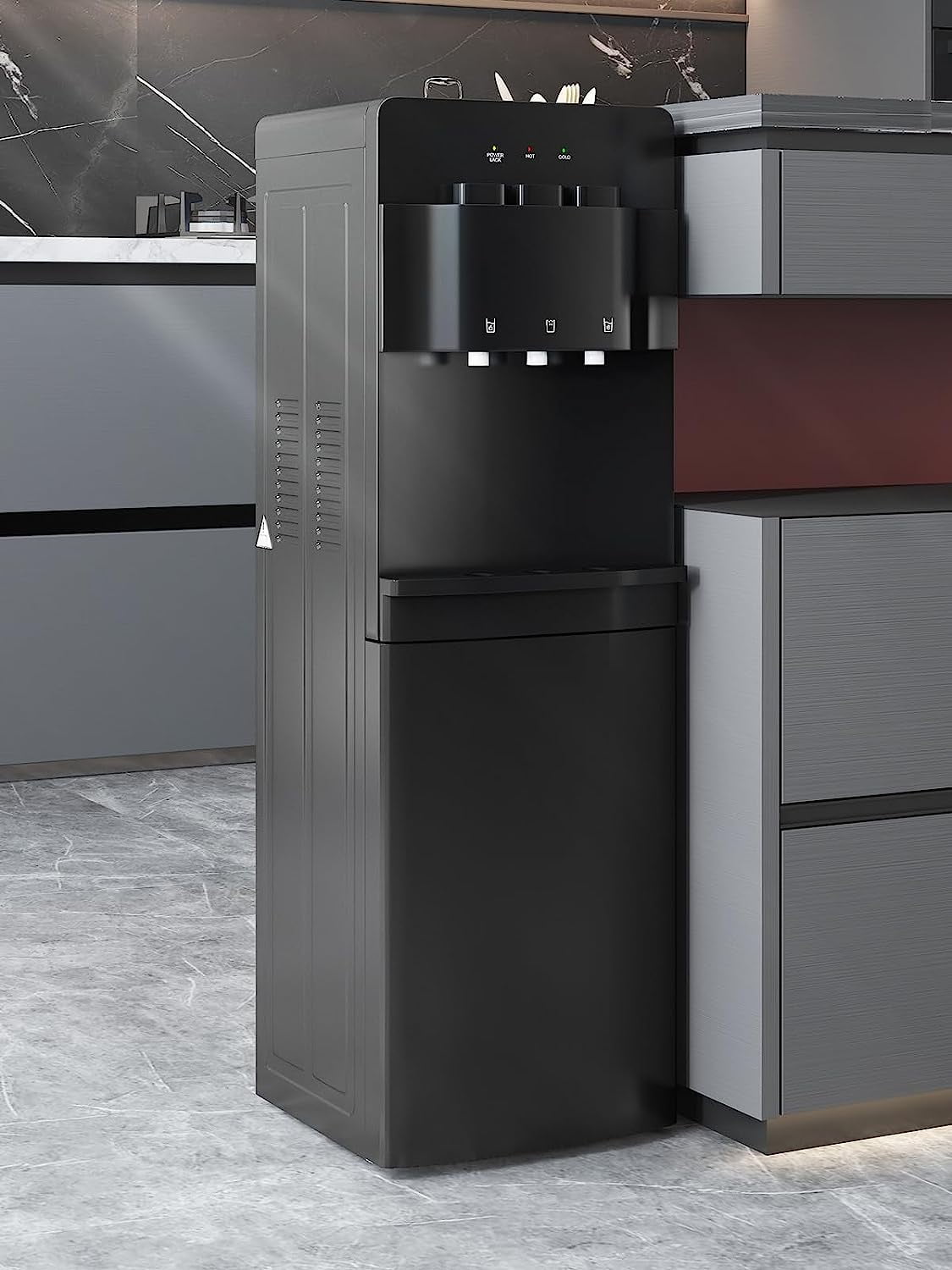 Muhub Cold & Hot Water Cooler Dispenser, Black Bottom Loading Water Cooler Dispenser, Holds 3 or 5 Gallon Bottle, Anti-Scalding Design and Storage Cabinet, Child Safety Lock for Home, Office Use