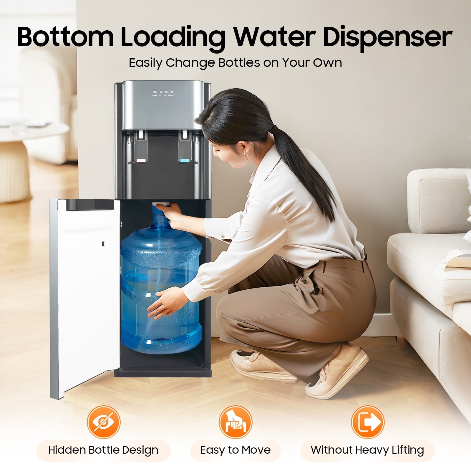 Bottom Loading Water Dispenser with Hot & Cold Water,304 Stainless Steel Inner Liner,5 Gallon Bottle,620W Power  Safe for Home/Office/Commercial (Dark Gray)​