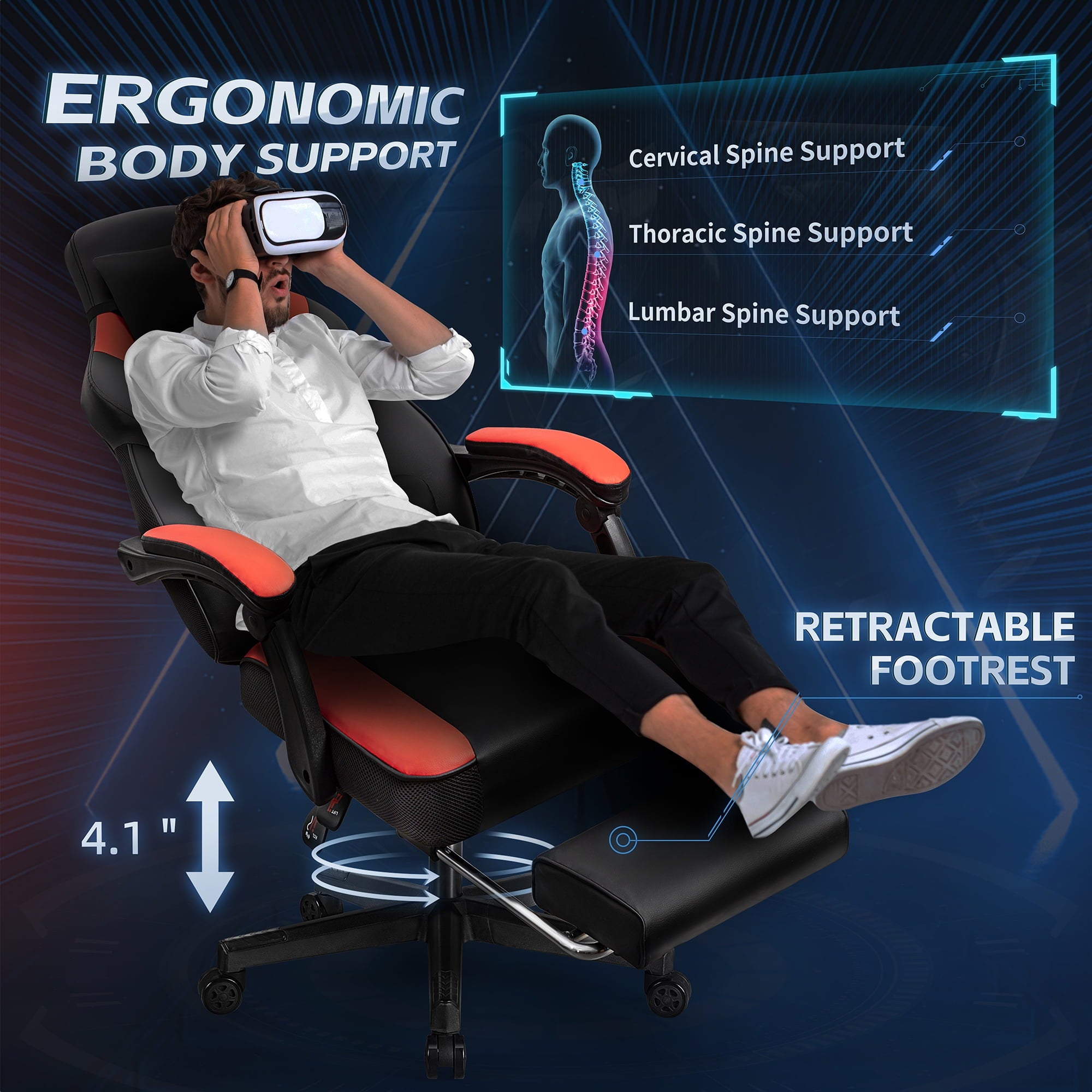 Walsunny Ergonomic Gaming Chair with Adjustable Footrest and Massage Leather Game Chair large gaming chair with Headrest and Lumbar Support for Adults, Red