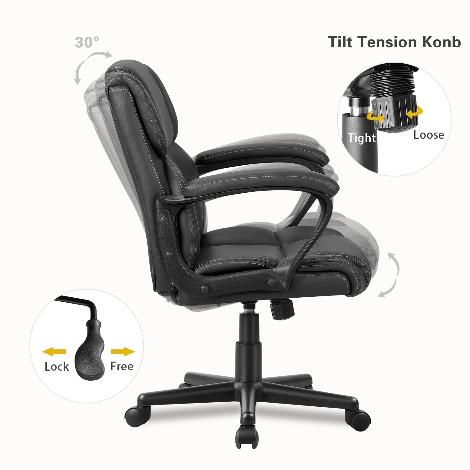 Furmax Mid Back Executive Office Swivel Computer Task Armrests Ergonomic Leather-Padded Desk Chair with Lumbar Support, Black