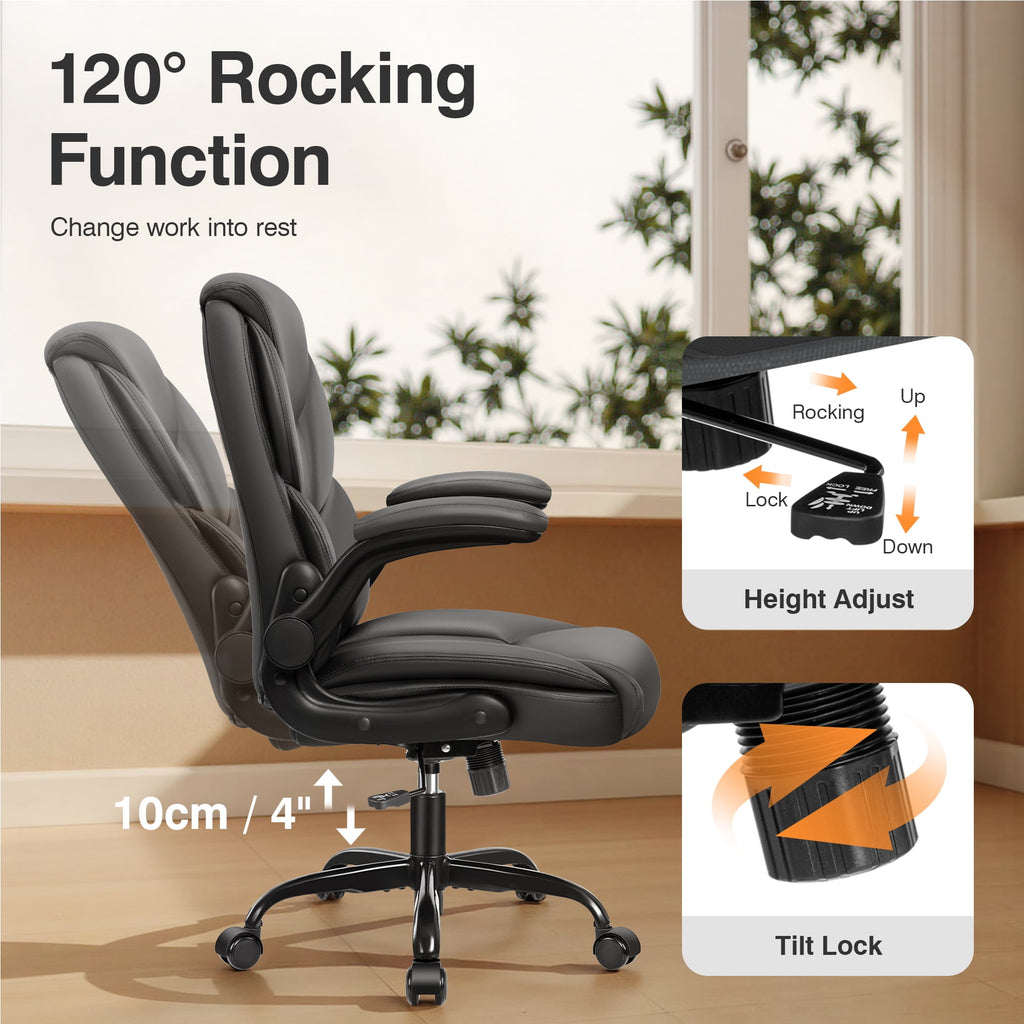 Primy Compact PU Leather Office Chair - Ergonomic Adjustable Height Computer Desk Chair with Flip-Up Armrests, Mid-Back Executive Swivel Chair on Wheels for Small Spaces & Petite Users, Black