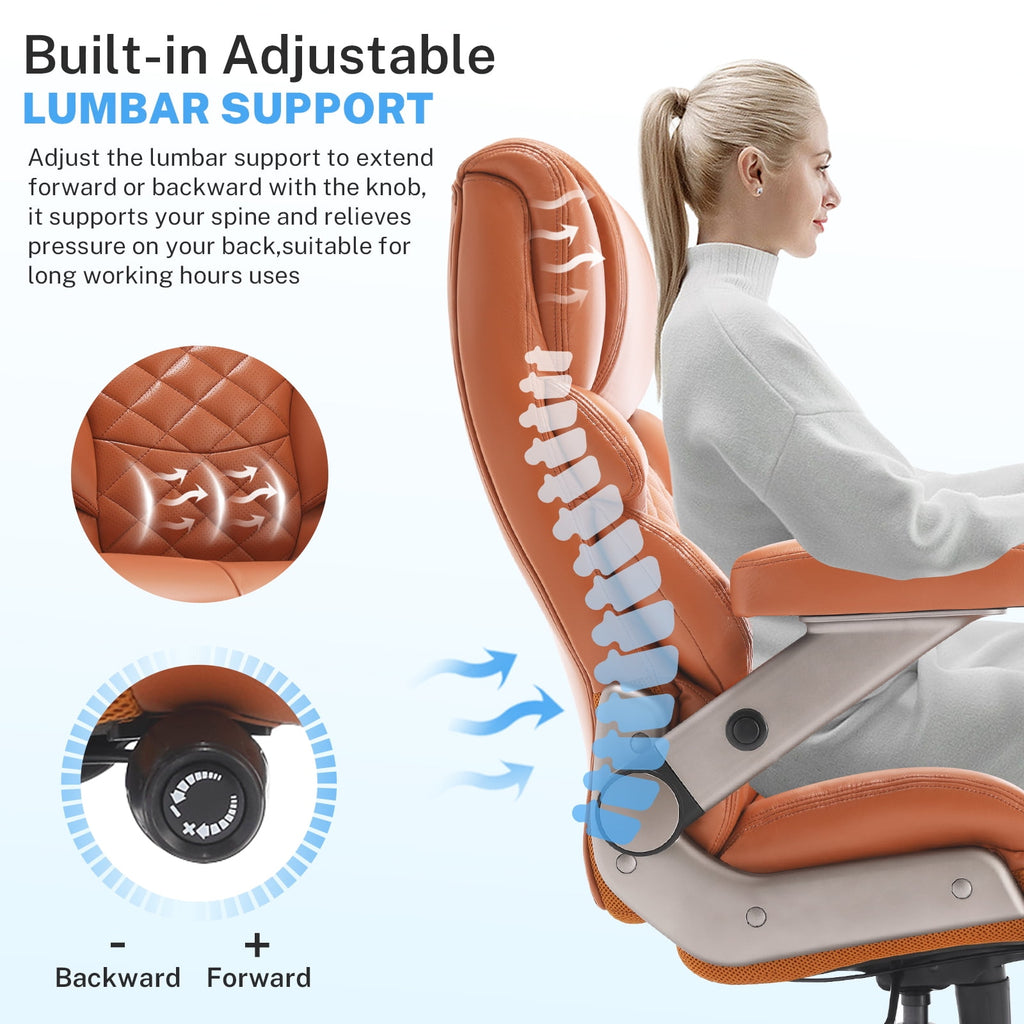 WOSDOM Big and Tall Office Chair 700lbs, Large High Back Executive Chair with Extra Wide Seat, Heavy Duty Rocking Computer Chair, 3D Flip Arms, Adjustable Lumbar Support, Brown