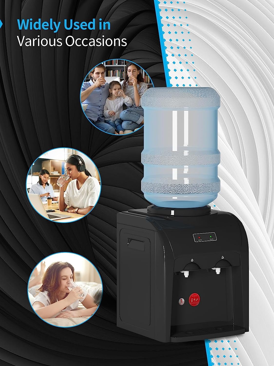 TABU Top Loading Water Cooler Dispenser, Hot & Cold Water, 38'' Countertop Water Cooler Dispenser, Holds 3 or 5 Gallon Bottle,Office Use,Black