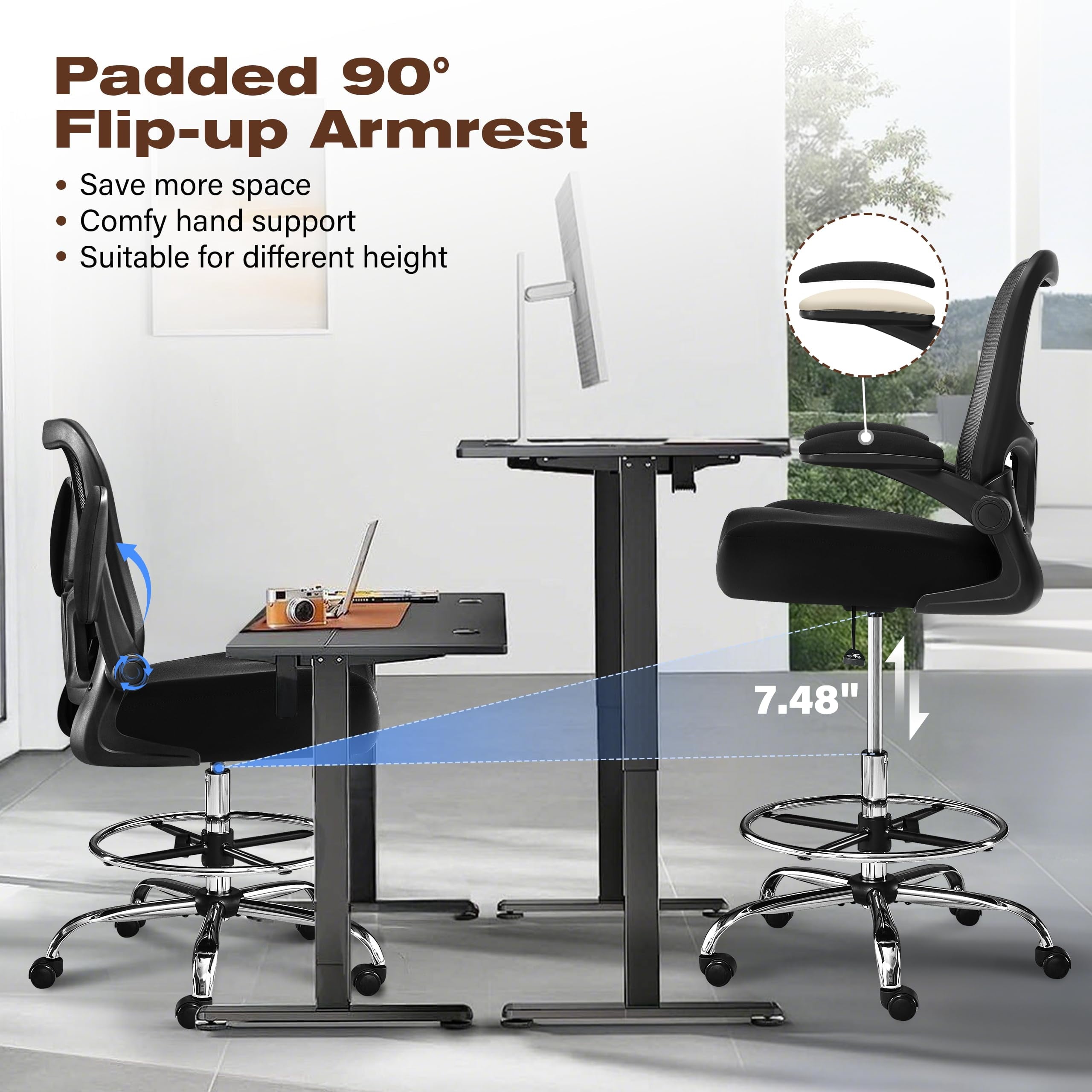 JONPONY 400LBS Drafting Chair, Tall Office Chair with Adjustable Lumbar Support&Footrest Ring, Comfy Extra Deep W-Shape Thicken Cushion, Breathable Mesh Standing High Desk Chair
