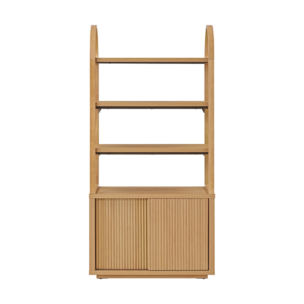 Beautiful Fluted 3-Shelf Bookcase with Storage Cabinet by Drew Barrymore, Light Honey Wood Finish