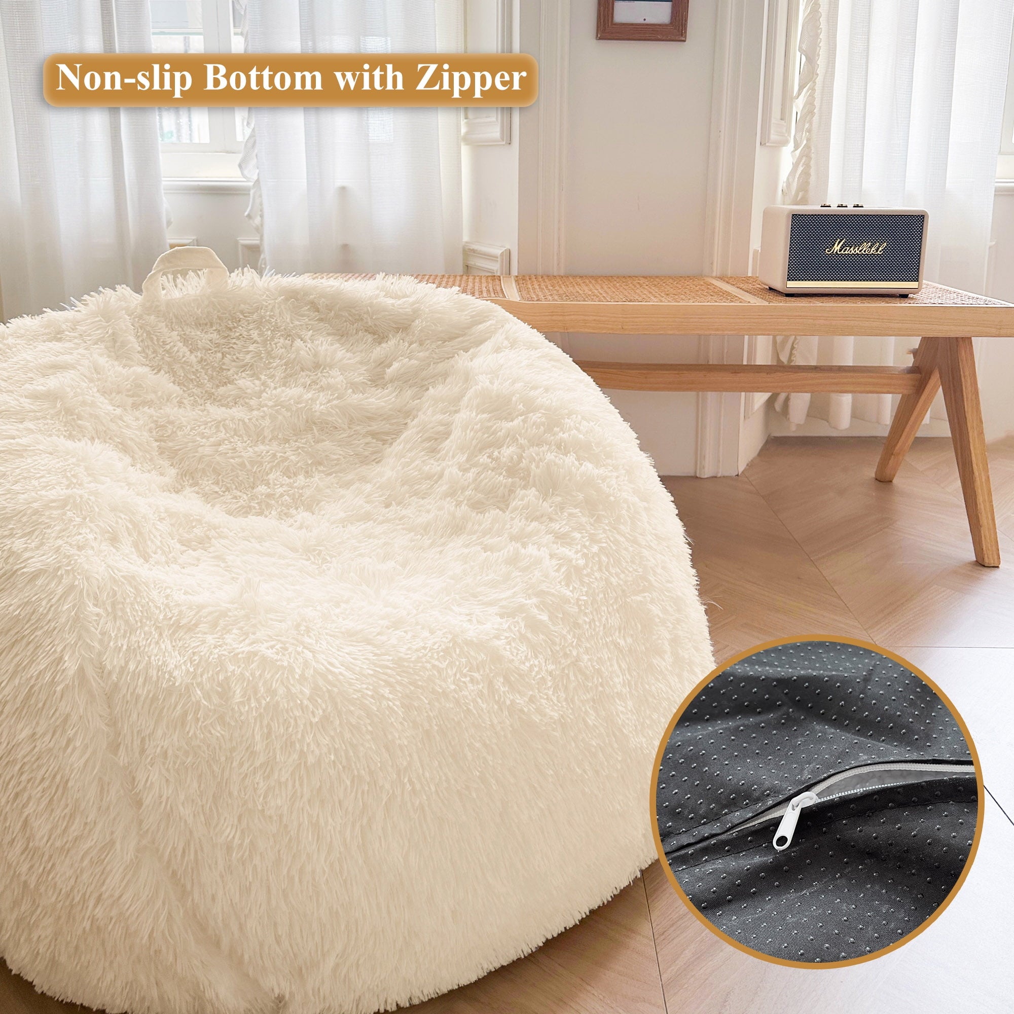 XeGe Fluffy Stuffed Animal Storage Bean Bag Chair Cover(No Filler), Faux Fur Washable Ultra Soft Bean Bag Cover for Plush Toys or Textile,Plush Shaggy Large Beanbag for Adults Kids Teens, Beige
