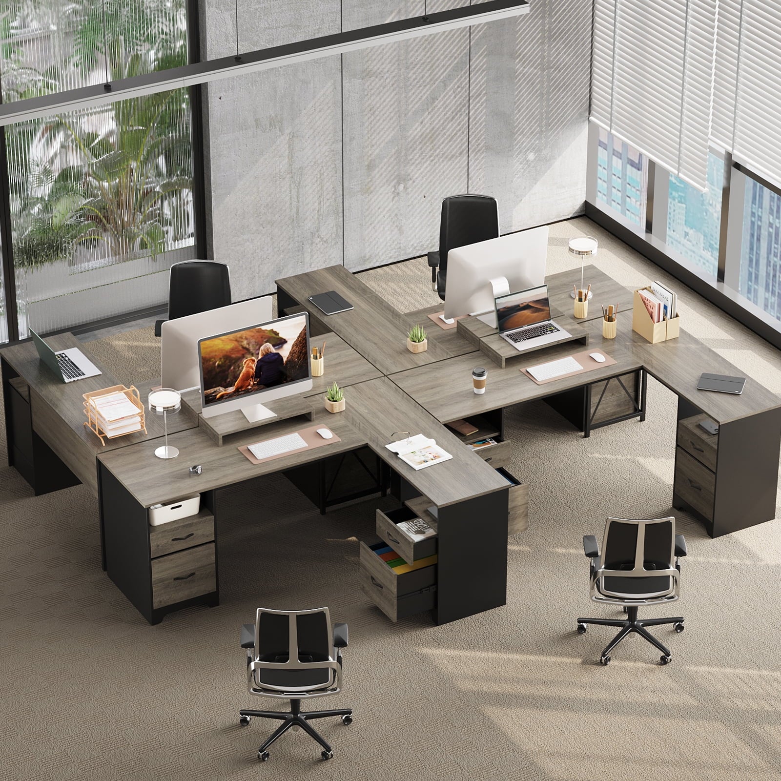 Bestier L Shaped Desk with 4 Drawers, 63" x 47" Executive Desk with Monitor Stand, File Drawers for Home Office, Gray