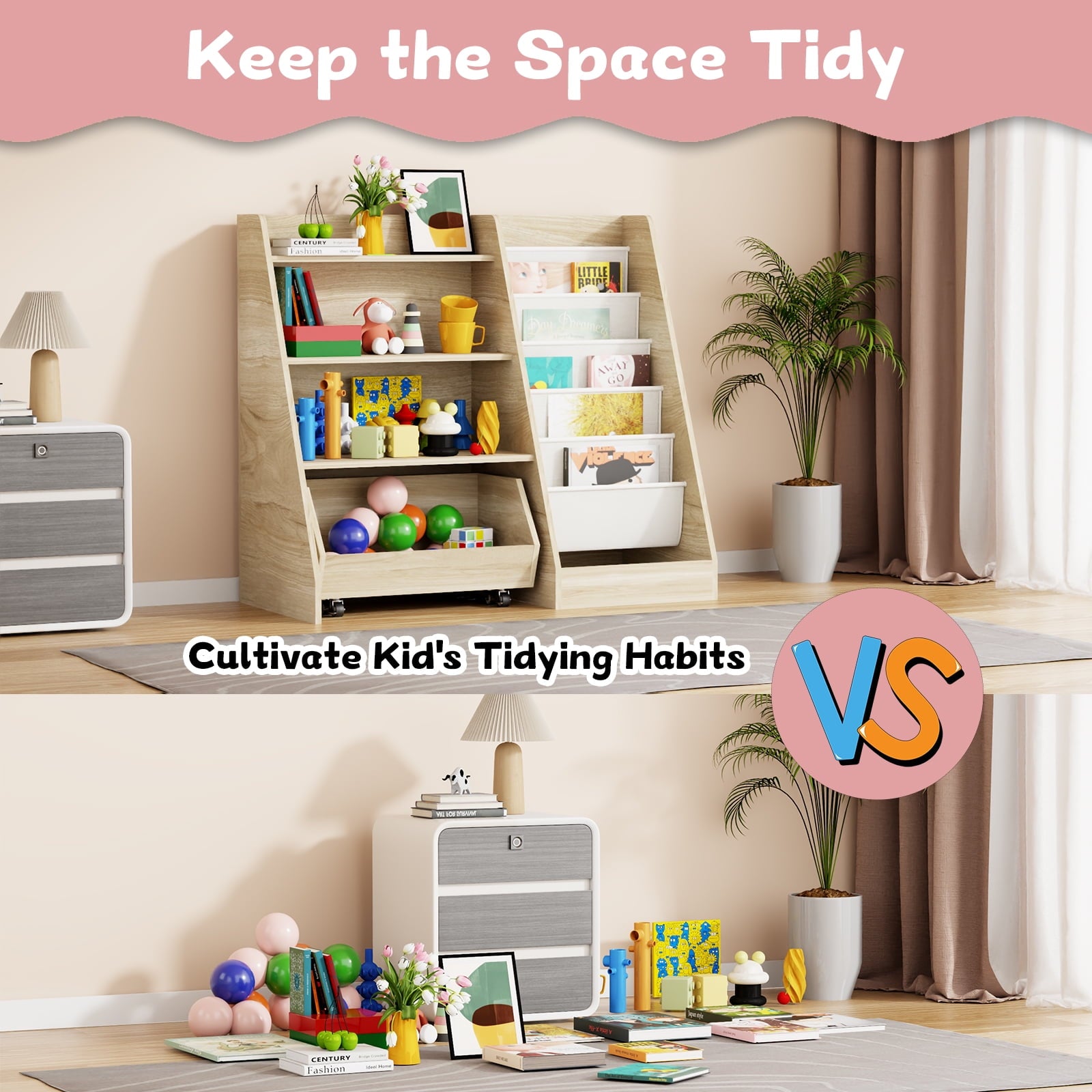 4-Tier Kids Bookshelf and Toy Storage, Book Shelf for Kids Rooms, Wooden bookcase for Toddler Children Baby in Nursery Playroom Living Room - Idea Gifts for Boys and Girls (Oak)