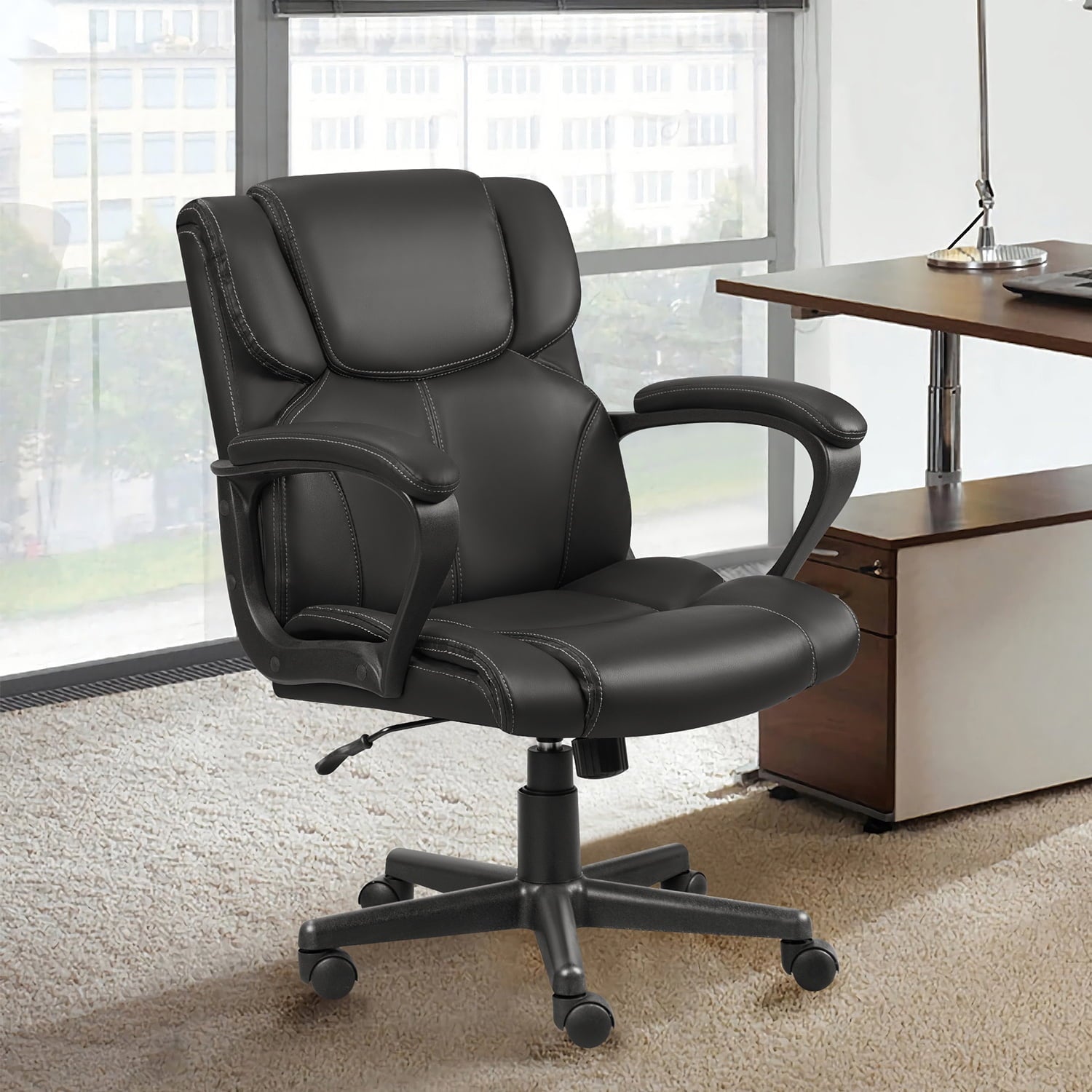 Furmax Mid Back Executive Office Swivel Computer Task Armrests Ergonomic Leather-Padded Desk Chair with Lumbar Support, Black