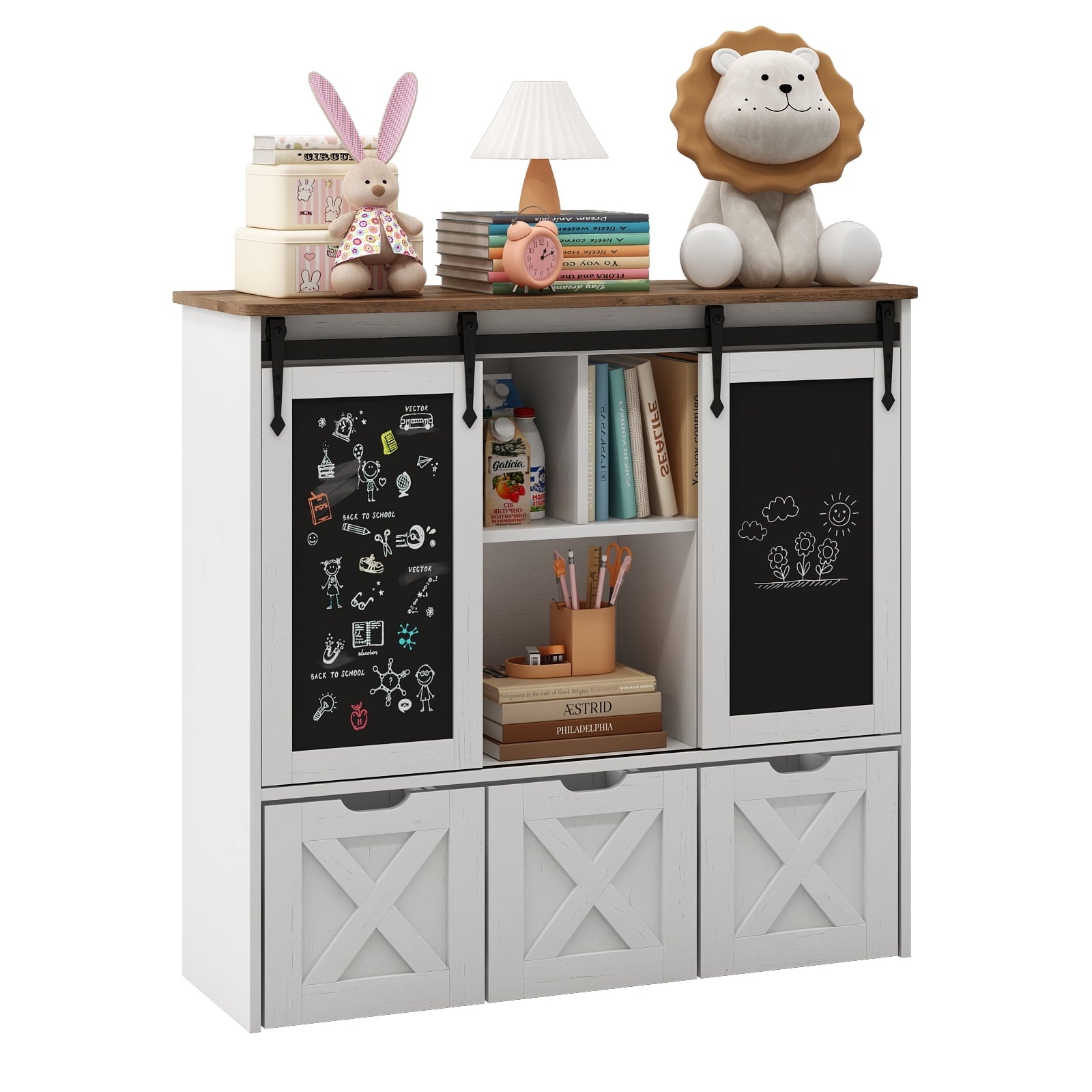 Vabches Toy Storage Organizer with 3 Drawers Kids Bookcase with Sliding Blackboard Storage Cabinet, White