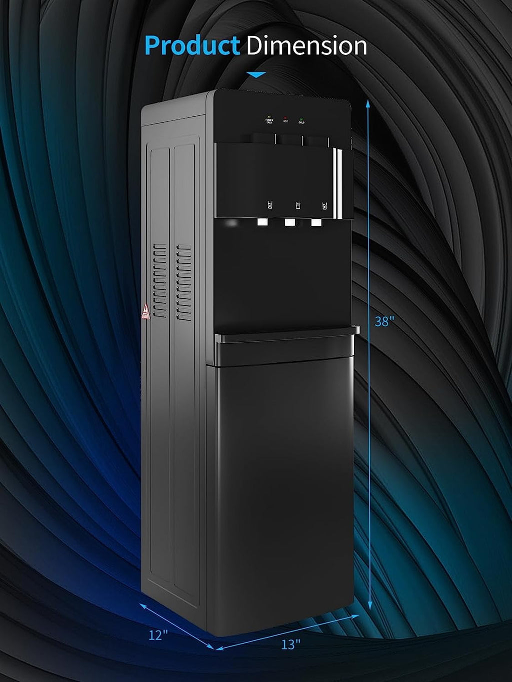 Muhub Cold & Hot Water Cooler Dispenser, Black Bottom Loading Water Cooler Dispenser, Holds 3 or 5 Gallon Bottle, Anti-Scalding Design and Storage Cabinet, Child Safety Lock for Home, Office Use