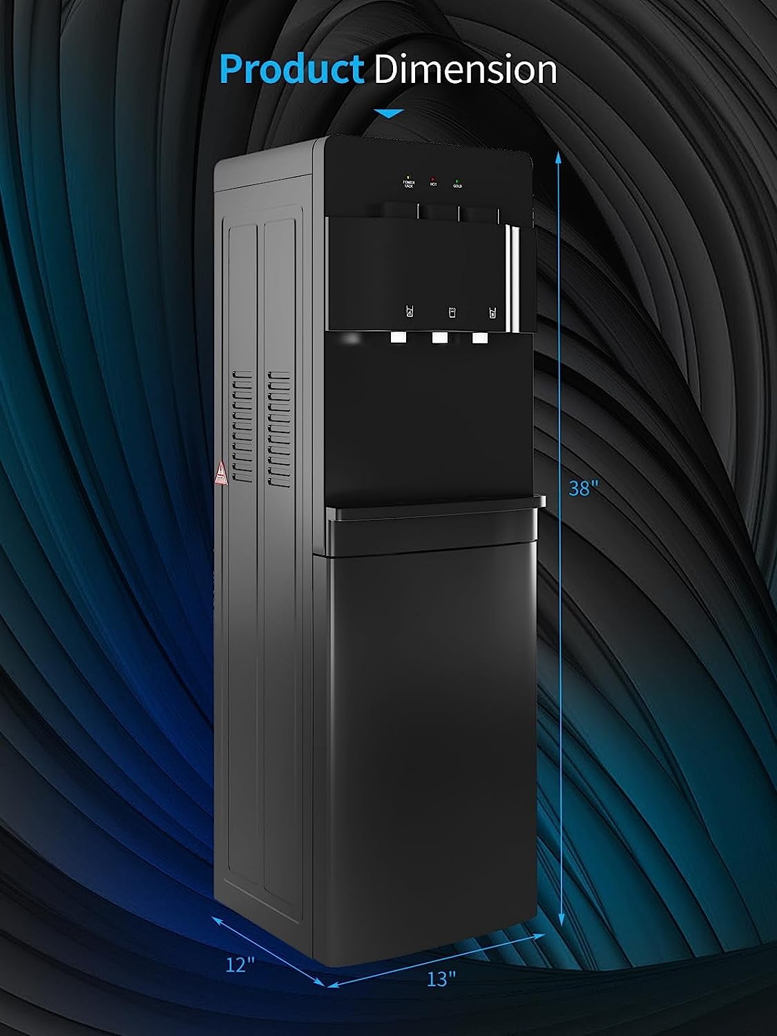 Muhub Cold & Hot Water Cooler Dispenser, Black Bottom Loading Water Cooler Dispenser, Holds 3 or 5 Gallon Bottle, Anti-Scalding Design and Storage Cabinet, Child Safety Lock for Home, Office Use