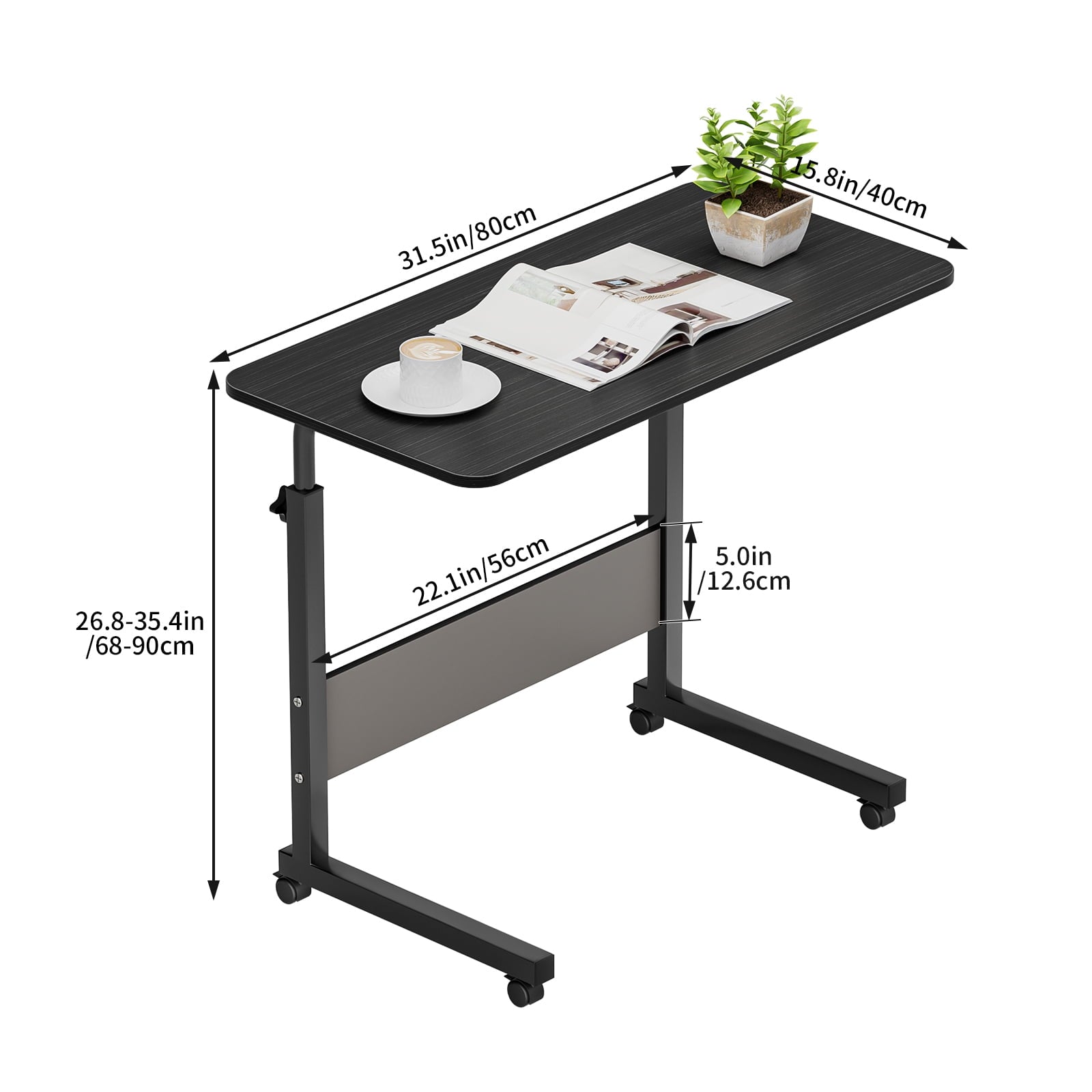 Qiushi Portable Couch Side Table Adjustable Tray Table on Wheels for Home, Office Black