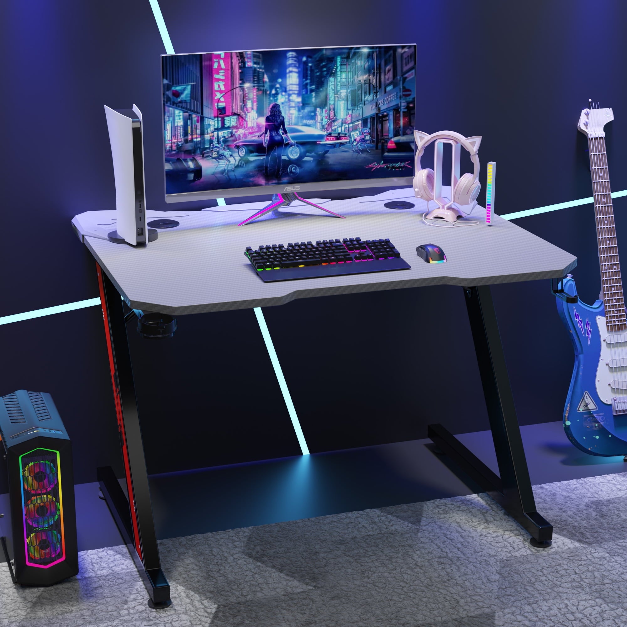 Homall 32 Inches Z-Shaped Gaming Desk Carbon Fiber Surface Desk with Cup Holder & Headphone Hook, Gray