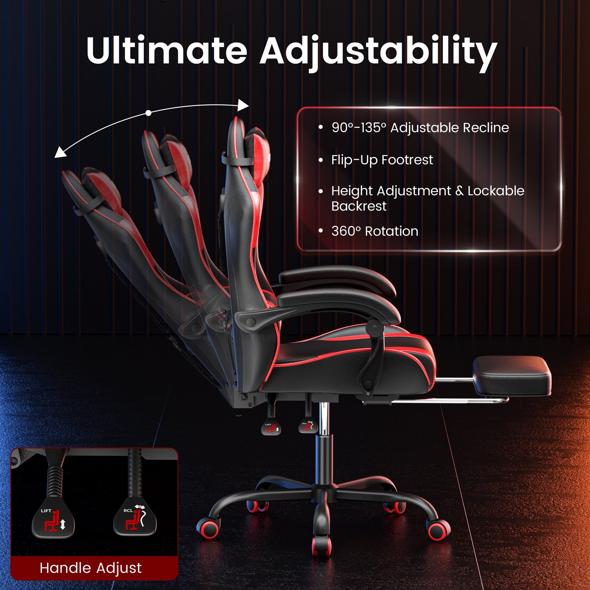 Gaming Chair, Seenda Computer Office Chair, High Back Ergonomic Home Office Desk Chair with Massage Lumbar Support Task Chair, Linkage Armrests and Footrest, Red