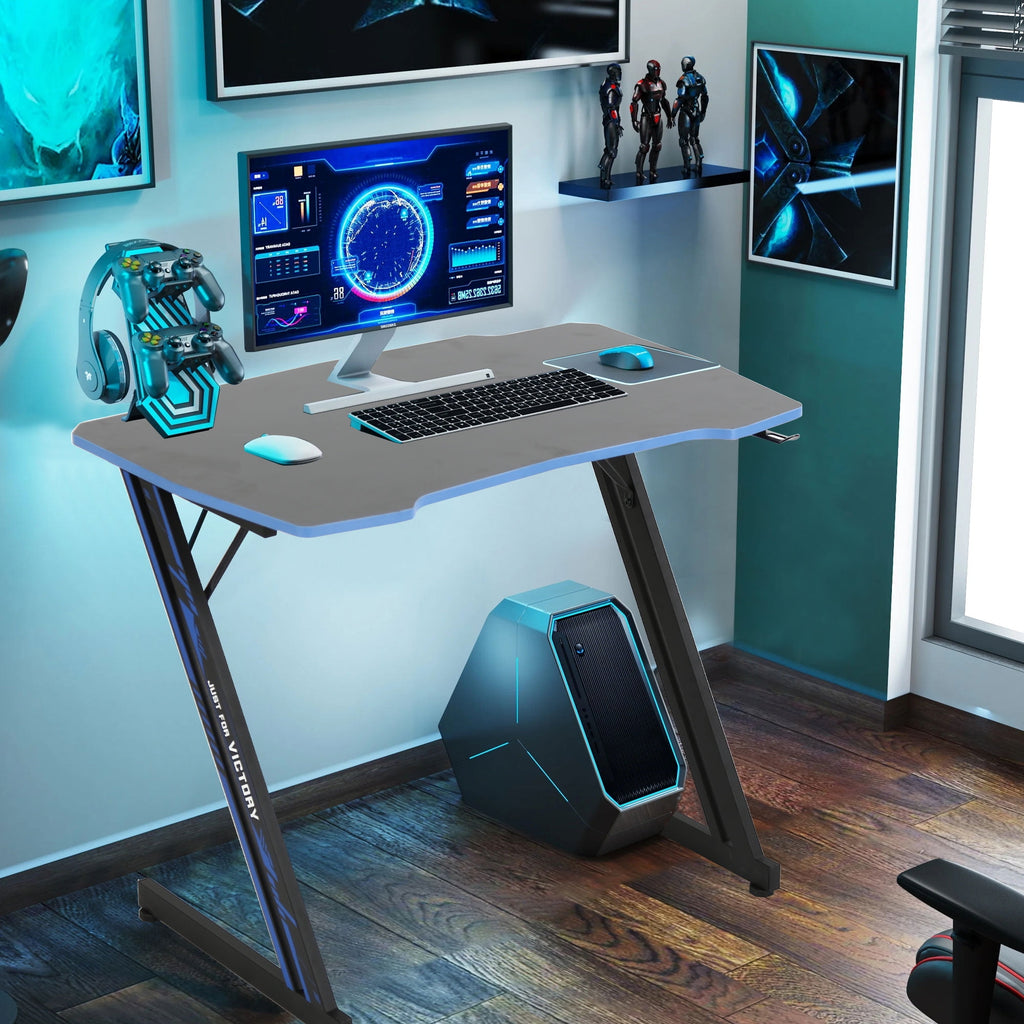 YRLLENSDAN Gaming Collection Z-Shaped Desk with Headphone Hook and Adjustable Feet, Blue