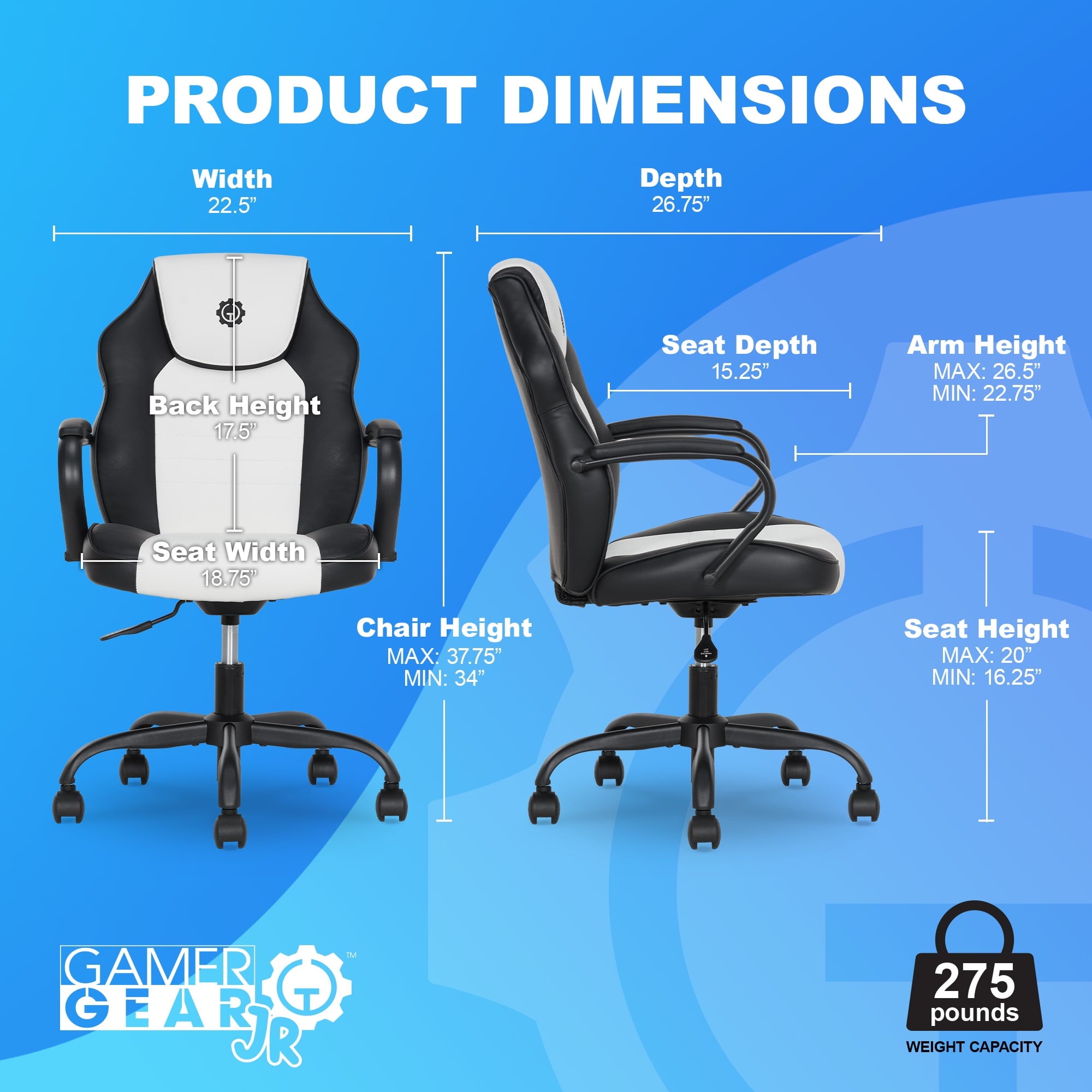 Gamer Gear Jr. Xplorer Gaming and Computer Chair, Kids and Teens Gaming Chair with Padded Arms, Adjustable Height, White and Black