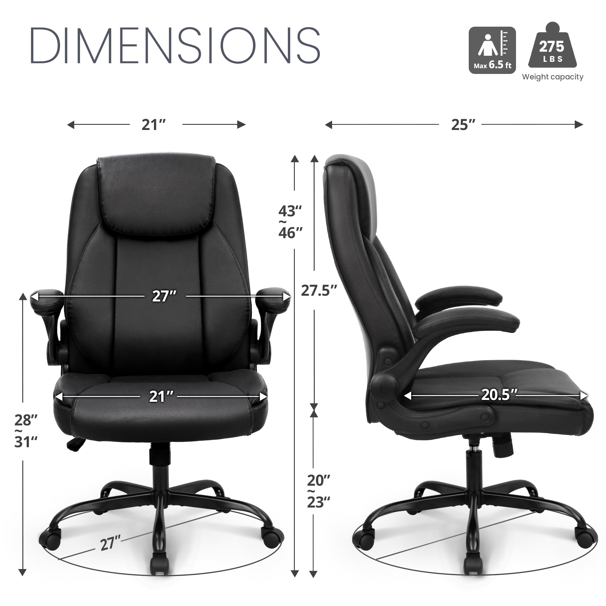 NEO CHAIR Executive Office Chair, Ergonomic High back Cushioned, Wide Leather Seat 8 Hours Heavy Duty Design, Flip Up Armrest Computer Desk Chair, Black