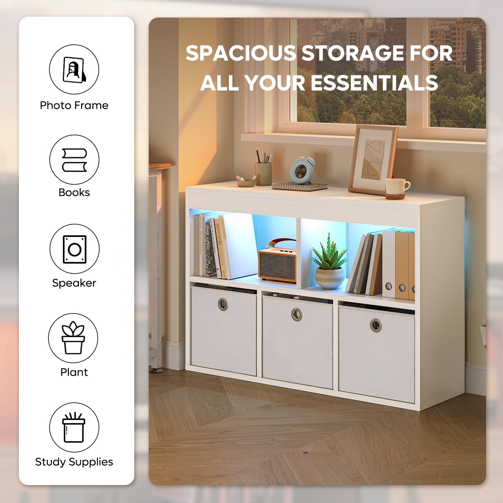 Pinmoco 5-Cube Reversible Open LED Kids Toy Storage Organizer with Three Fabric Drawers for Playroom Storage, White