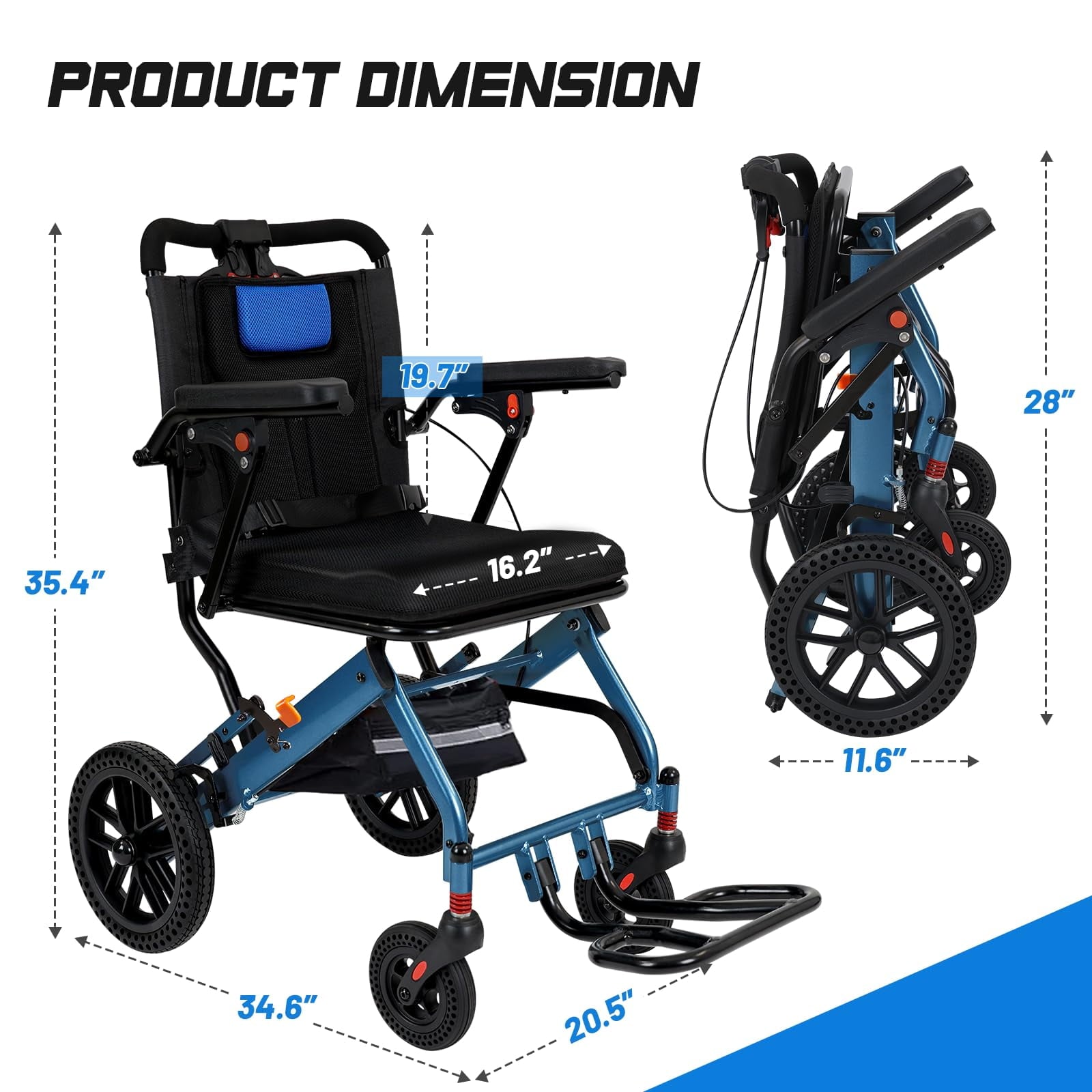 20LBS Ultra-Lightweight Foldable Wheelchair for Adults & Seniors, 10” Honeycomb Tires, Dual Handbrake, 220LBS Capacity, Portable for Travel & Daily Use
