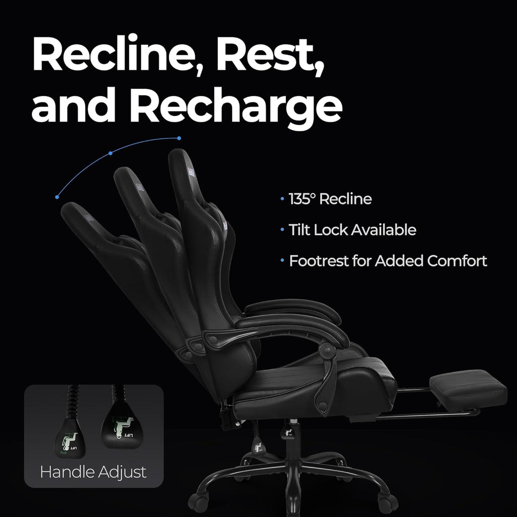 Neo Chair N-Gen Gaming Chair, Ergonomic Video Game Chair with Headrest, Adjustable Footrest, Lumbar Support High Back PU Leather for Adults, Black