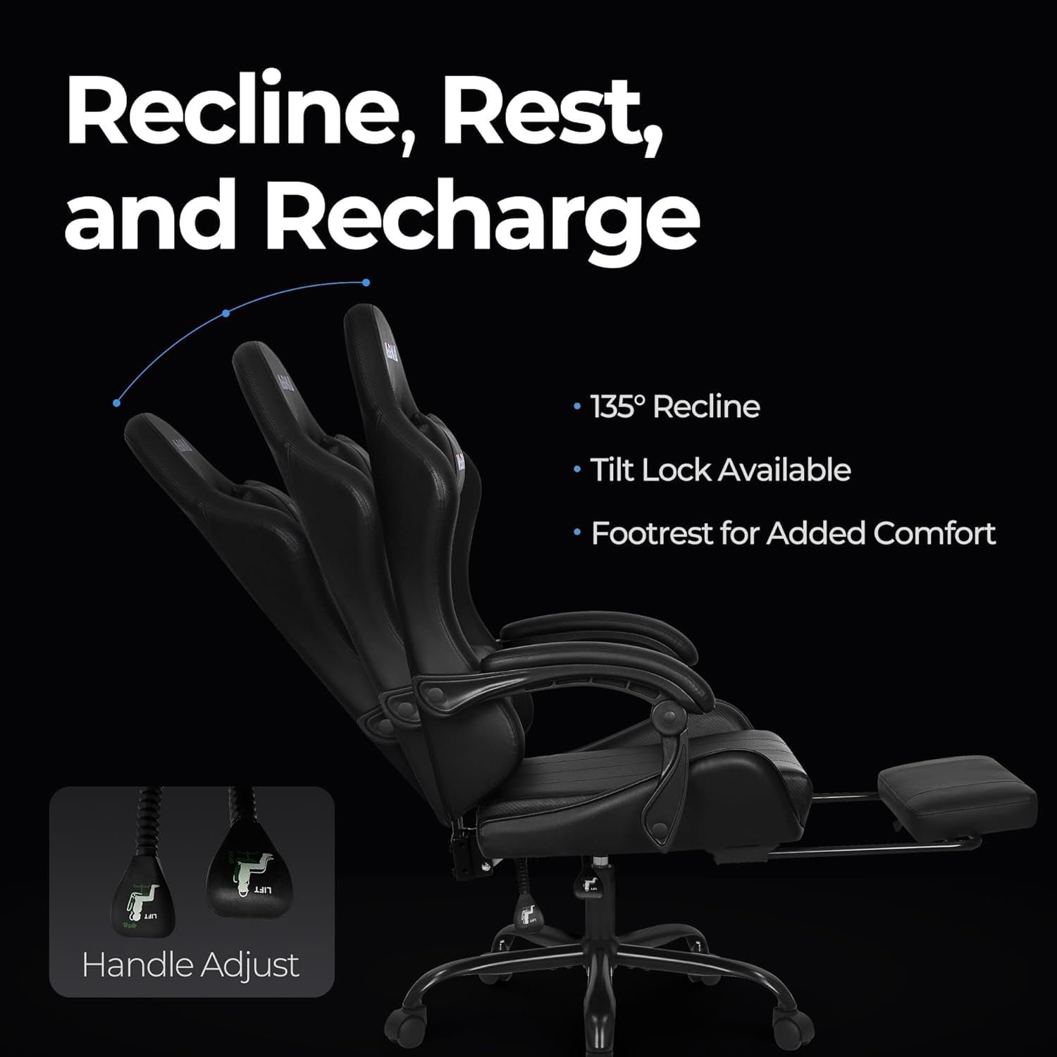 Neo Chair N-Gen Gaming Chair, Ergonomic Video Game Chair with Headrest, Adjustable Footrest, Lumbar Support High Back PU Leather for Adults, Black