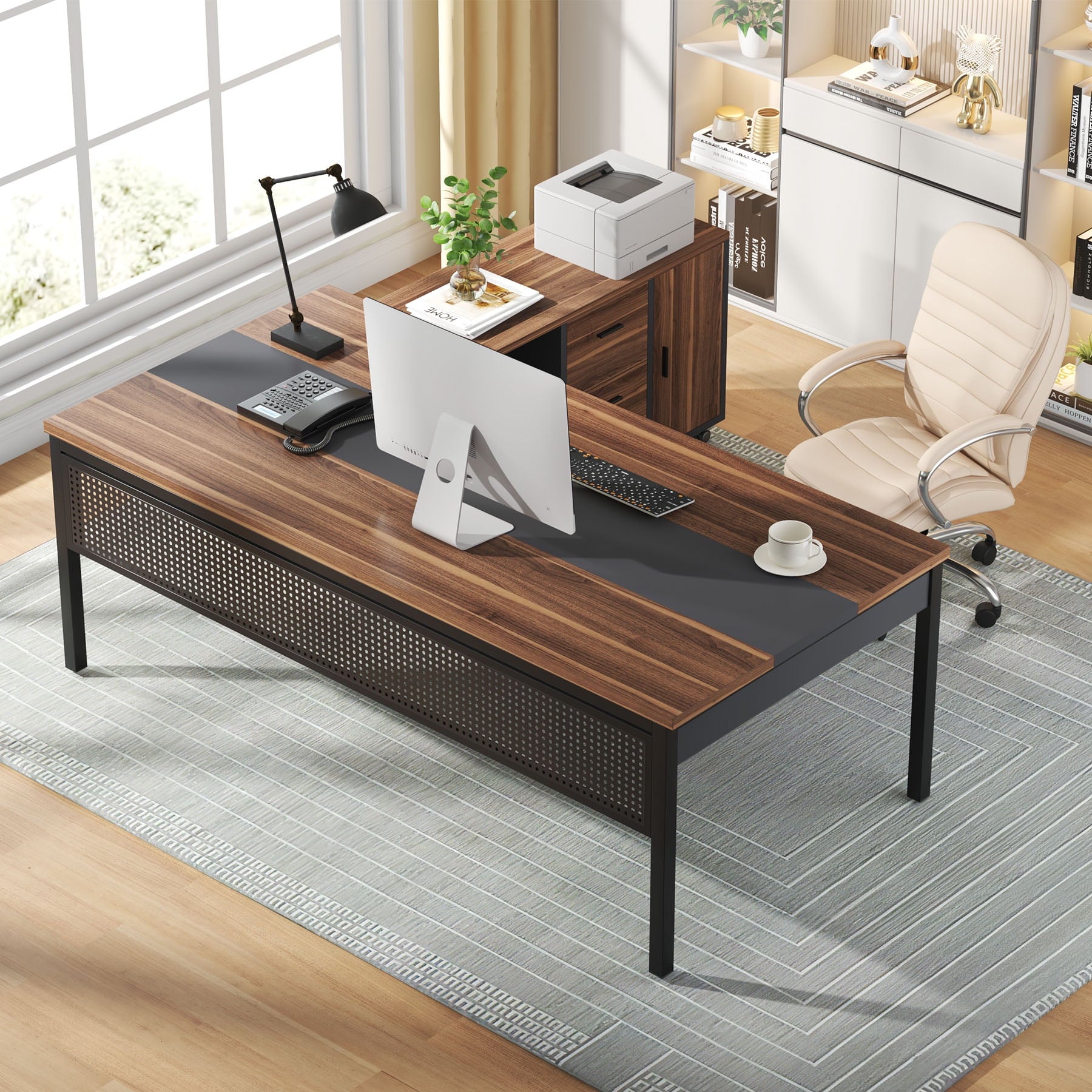 Tribesigns 70.8" Large Computer Desk with 47" File Cabinet, L Shaped Executive Office Desk Workstation, Walnut & Black