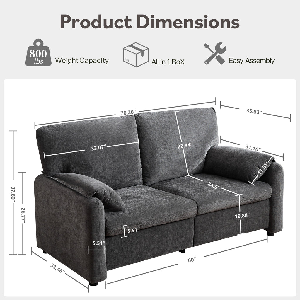 JONPONY 70"Chenille Loveseat, Cloud Couch with Soften Arms for Small Spaces , Neck Extra Deep Seats Sofas, Grey