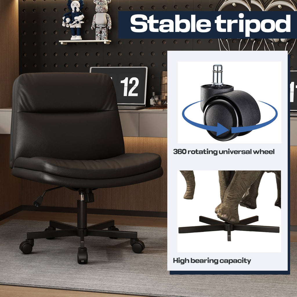 Cross Legged Office Chair,Armless Wide Seat Ergonomic Home Office Desk Chair with Wheels Swivel Home Office Desk Computer Chair for Vanity Home Office Bedroom,Black