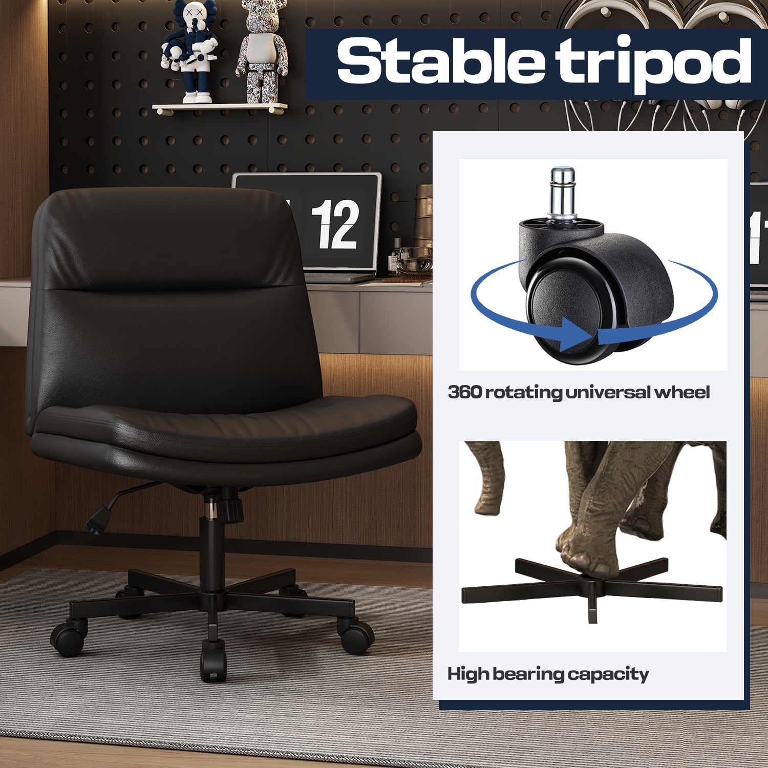 Cross Legged Office Chair,Armless Wide Seat Ergonomic Home Office Desk Chair with Wheels Swivel Home Office Desk Computer Chair for Vanity Home Office Bedroom,Black