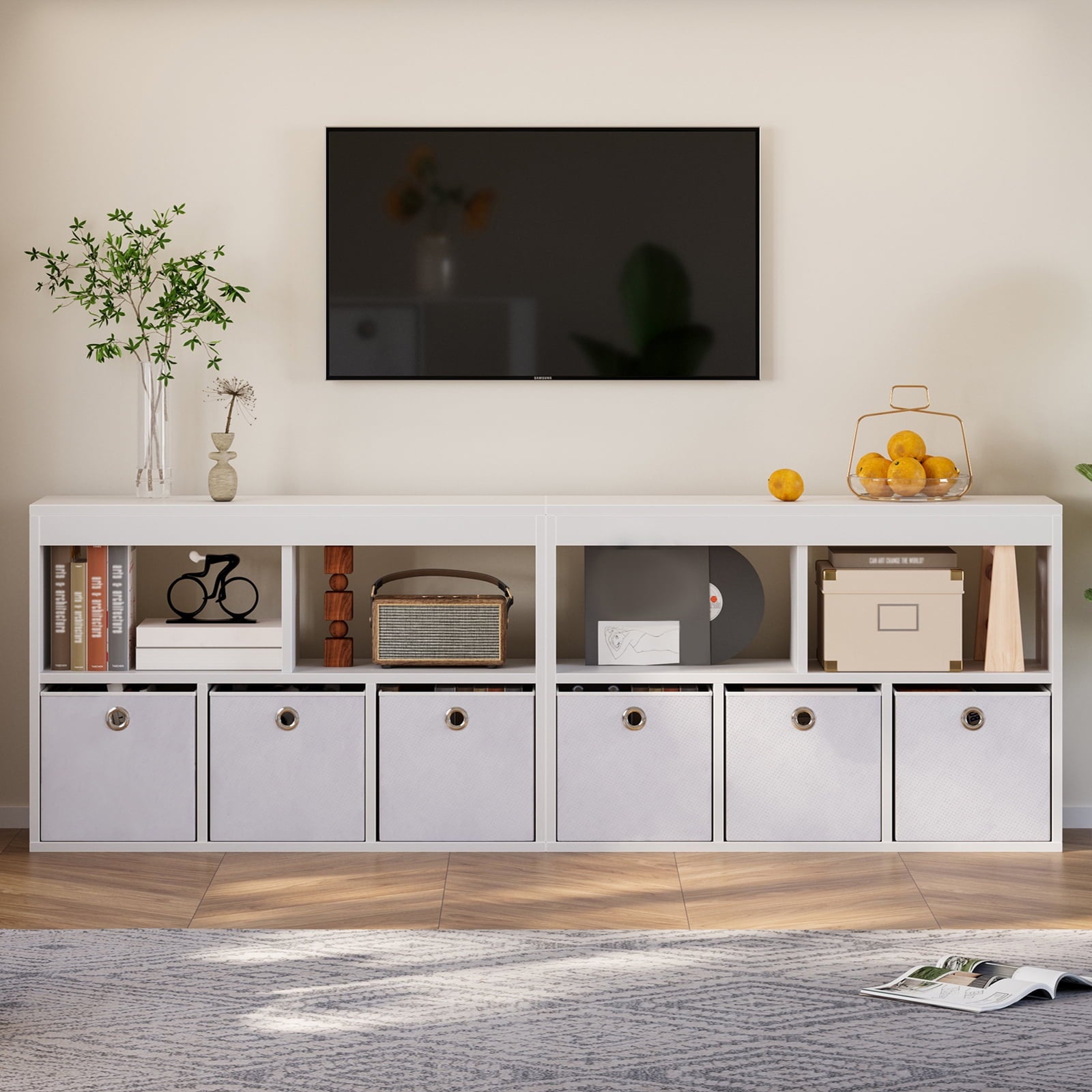 Pinmoco 5-Cube Reversible Open LED Kids Toy Storage Organizer with Three Fabric Drawers for Playroom Storage, White