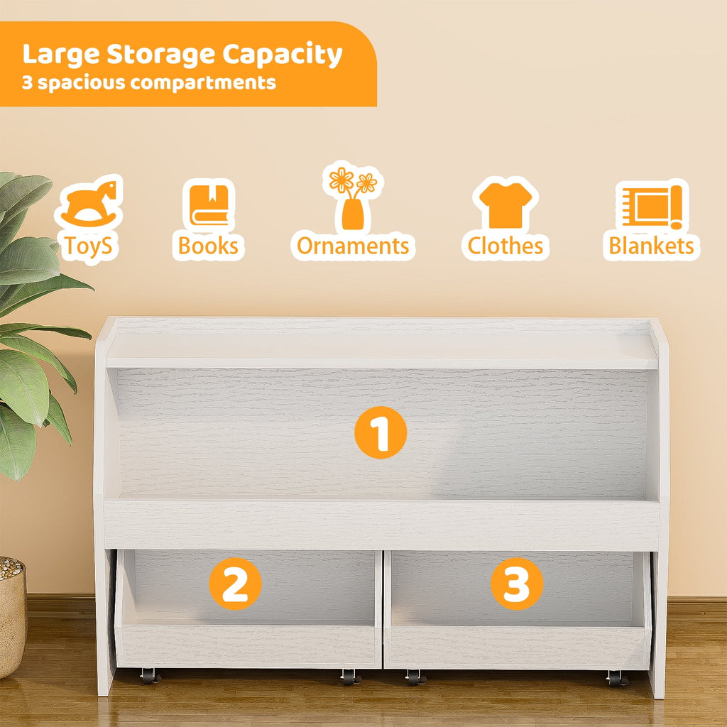 2-Tier Portable Toy Storage, Kids Toy Organizer W/2 Removable Bins with 4 Wheels（White)