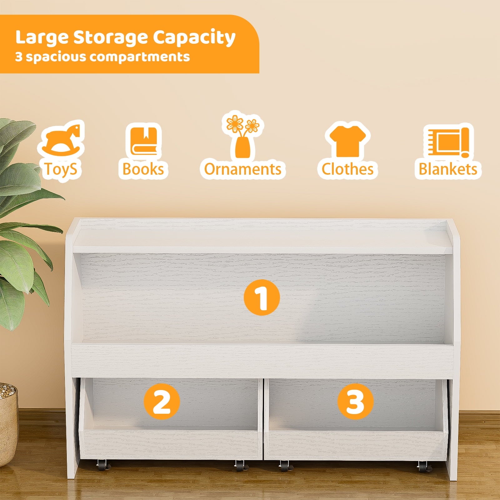 2-Tier Portable Toy Storage, Kids Toy Organizer W/2 Removable Bins with 4 Wheels（White)