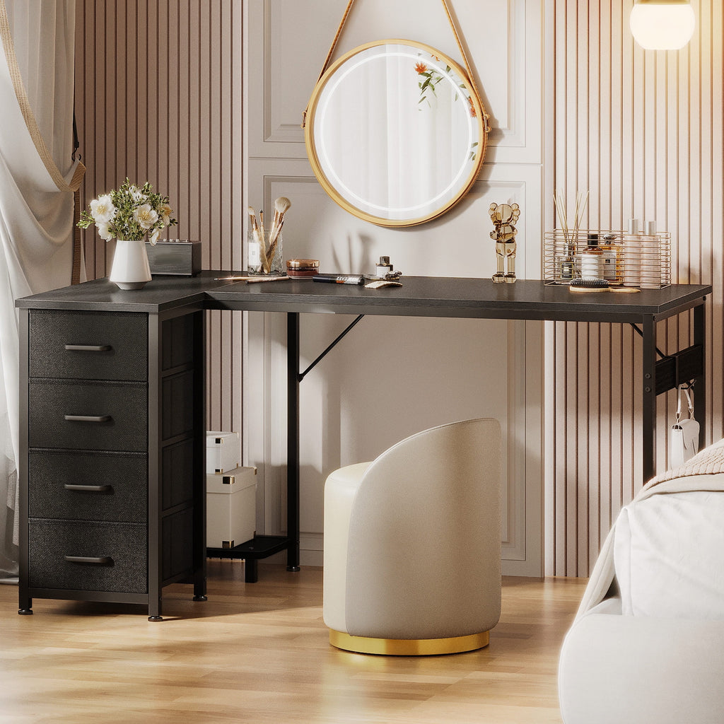 48 inch Computer Desk with 4 Fabric Drawers — Home Office Desks with Storage, Writing Desk with Side Hook, Desk Study/Work Table for Bedroom and Small Space, Black