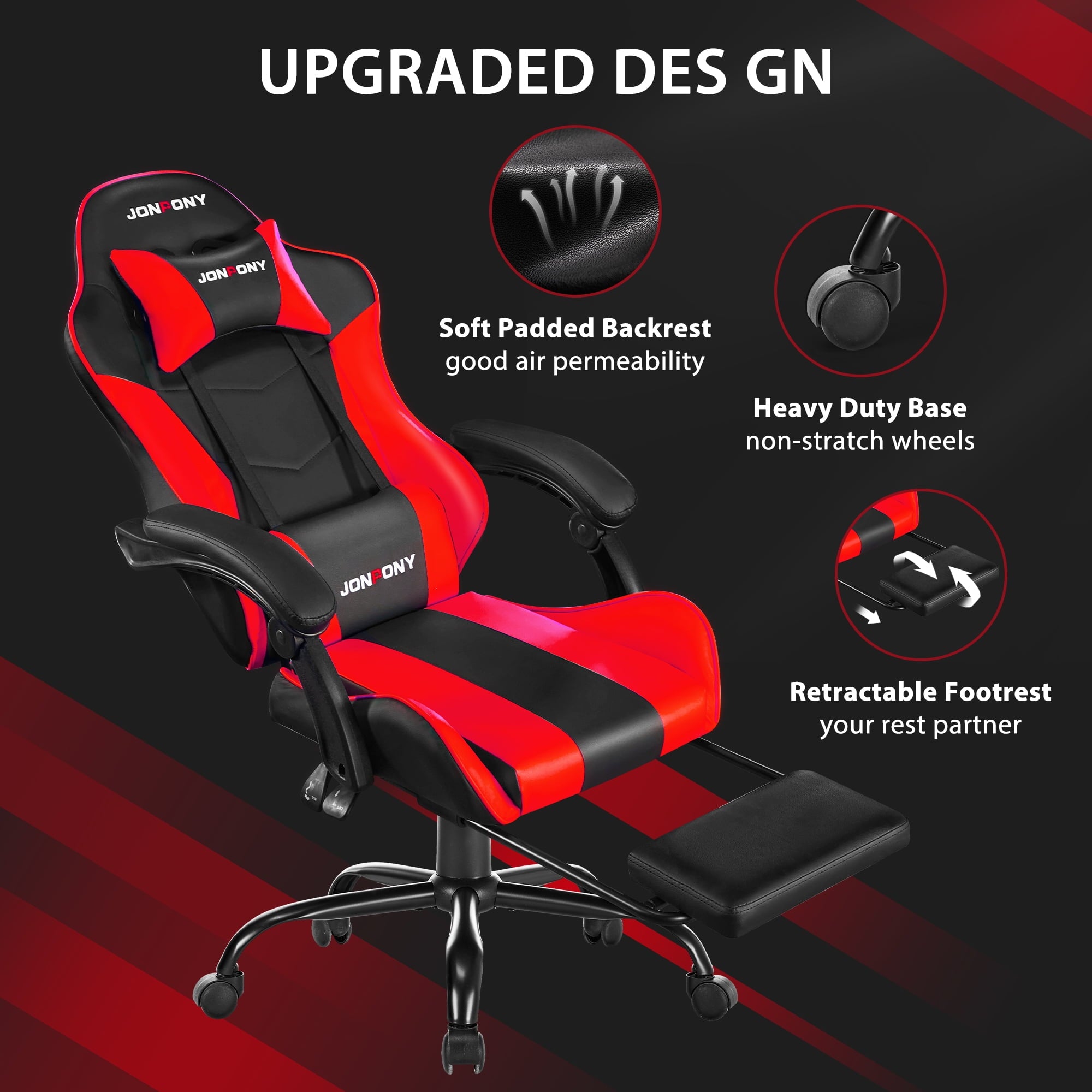 JONPONY Big and Tall 400LBS Gaming Chair, Ergonomic Design, Gamer Chair PU Leather with Footrest and Lumbar Support, High Back Office Chair Support 8 Hours Long Sitting, Computer Chair,Red