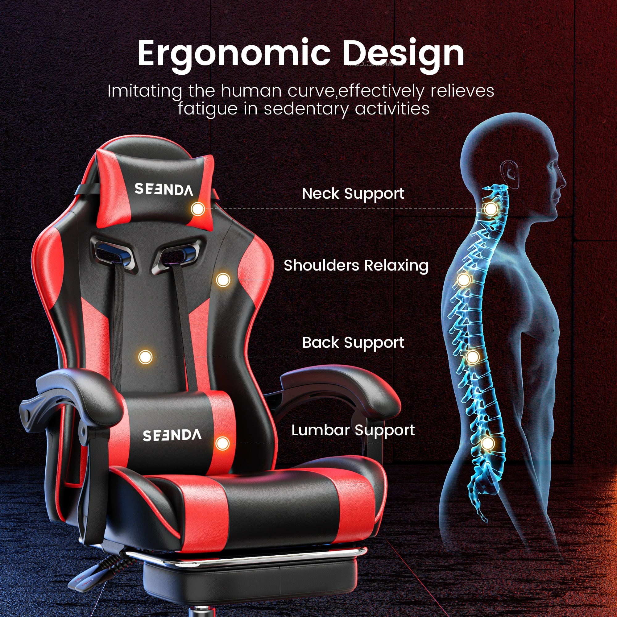 Gaming Chair, Seenda Computer Office Chair, High Back Ergonomic Home Office Desk Chair with Massage Lumbar Support Task Chair, Linkage Armrests and Footrest, Red