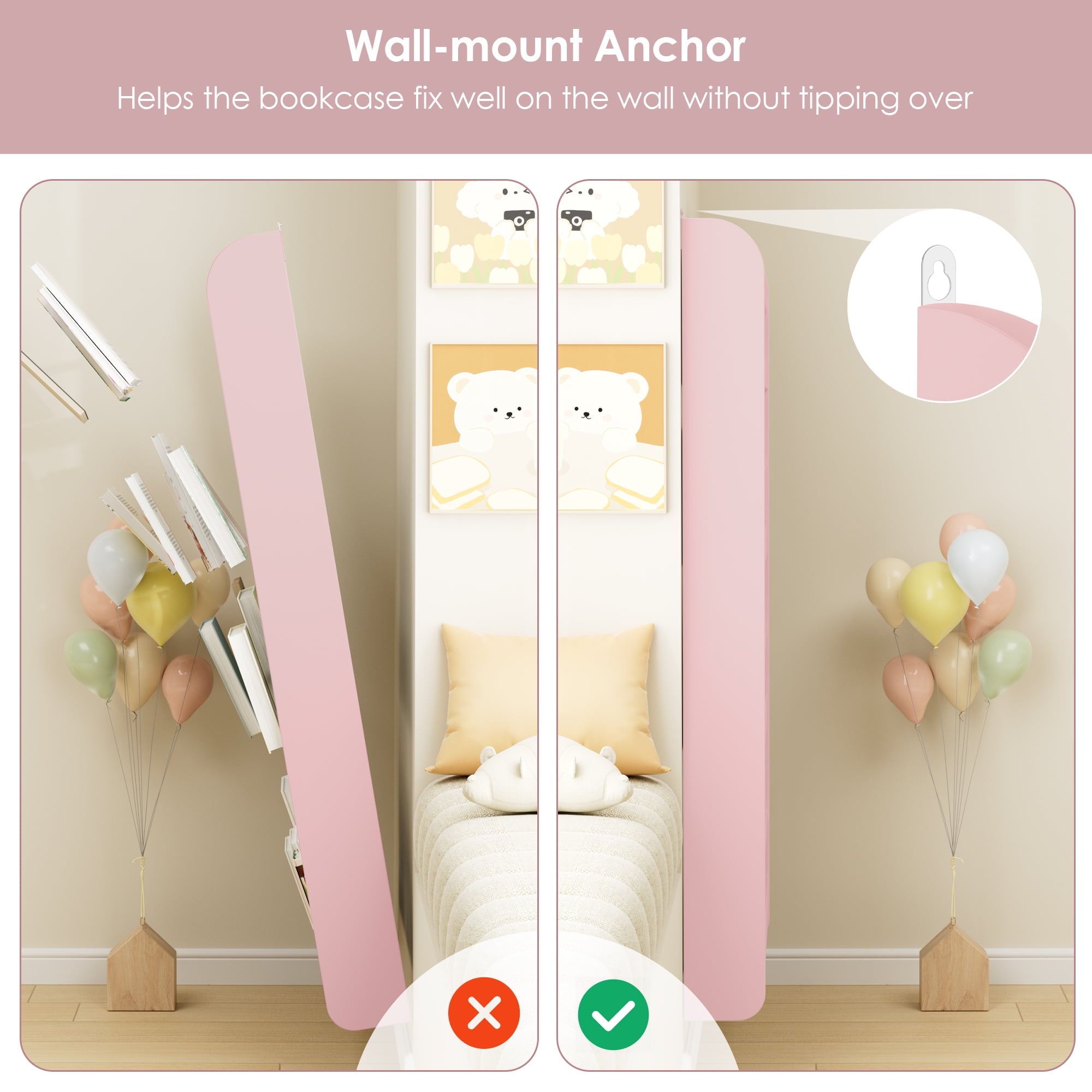 Homfa 4-Tier Wall Bookshelf, 43.7"H Wall-Mounted Kids Bookshelf, Book Storage Rack for Kids Room, Pink