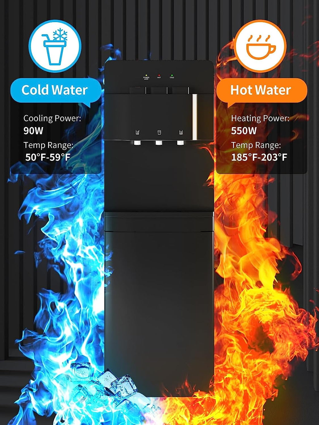 Muhub Cold & Hot Water Cooler Dispenser, Black Bottom Loading Water Cooler Dispenser, Holds 3 or 5 Gallon Bottle, Anti-Scalding Design and Storage Cabinet, Child Safety Lock for Home, Office Use