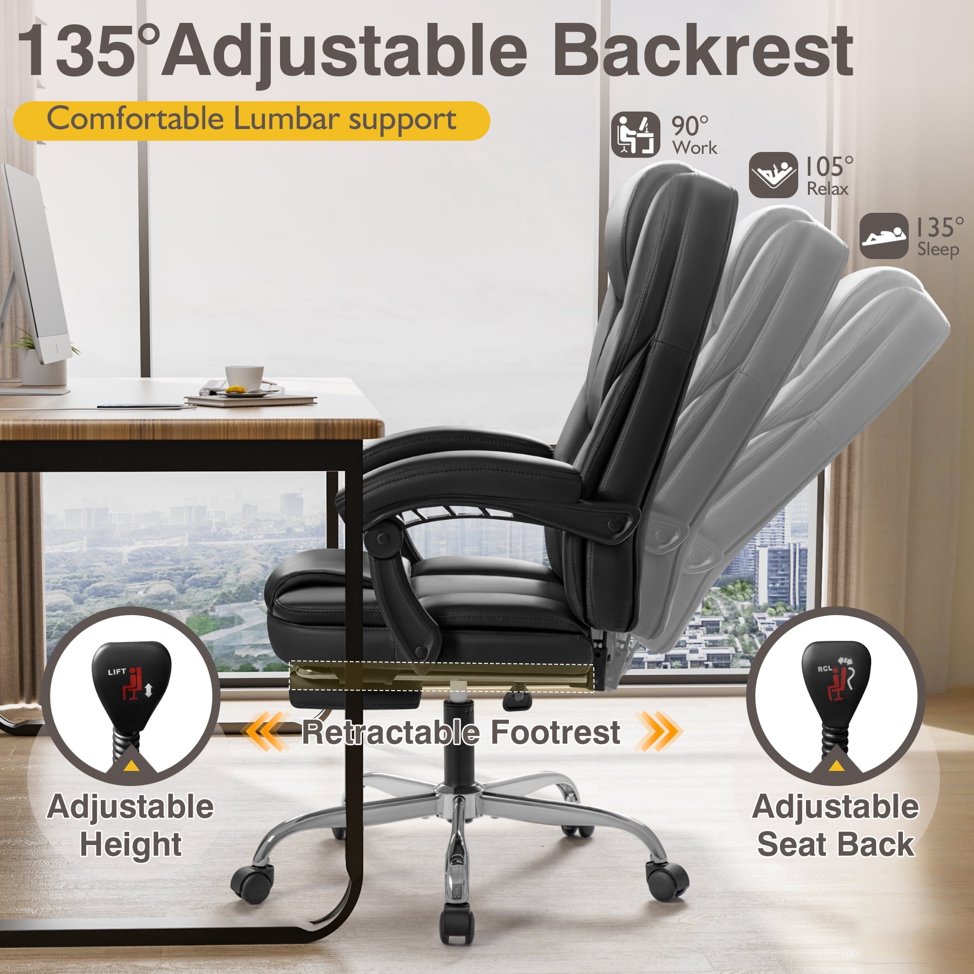 Furmax Reclining Computer Chair Ergonomic Executive Office Chair Height Adjustable Leather Chair With Armsrests,Black