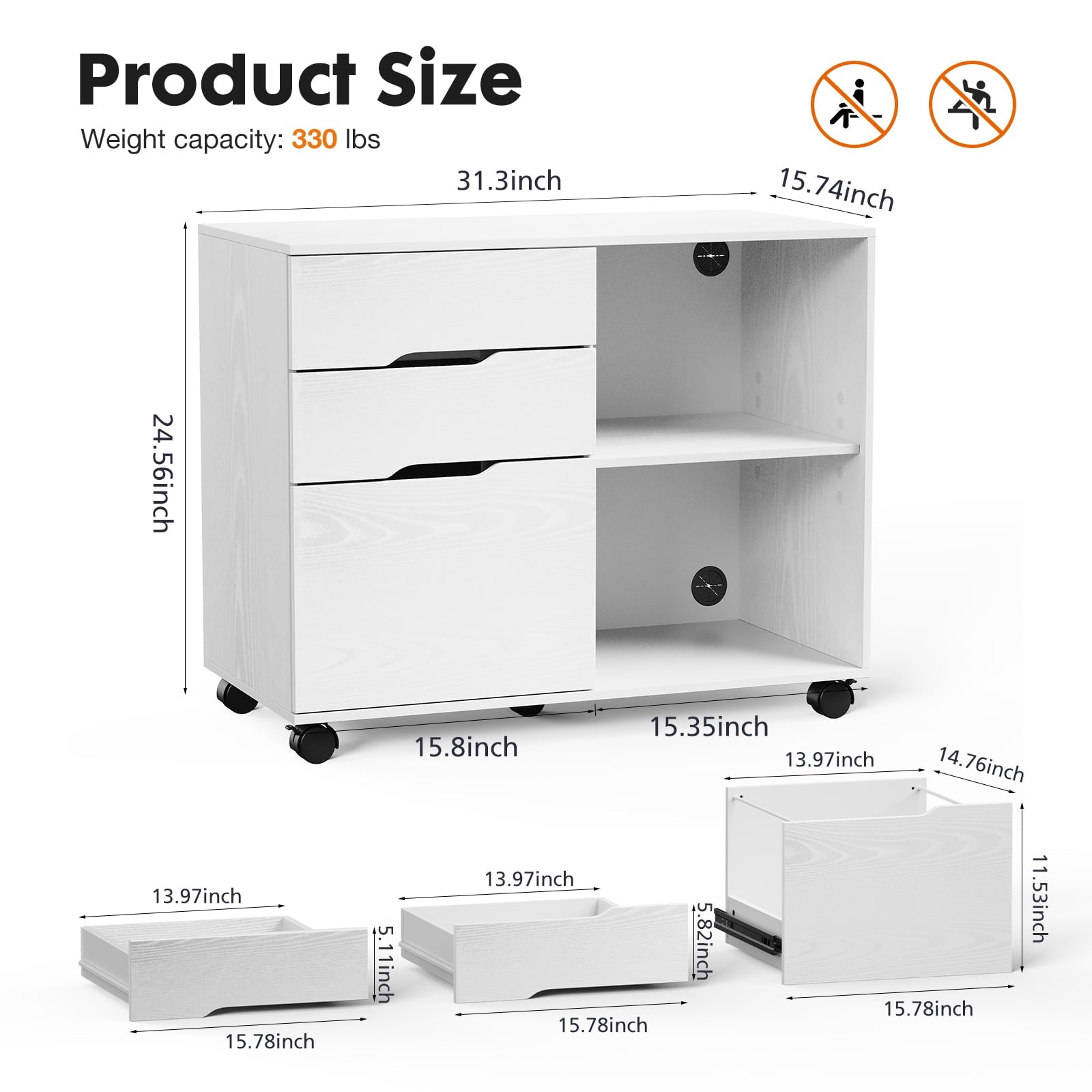 Edx Wooden 3 Drawer File Rolling Cabinet with Wheels, White