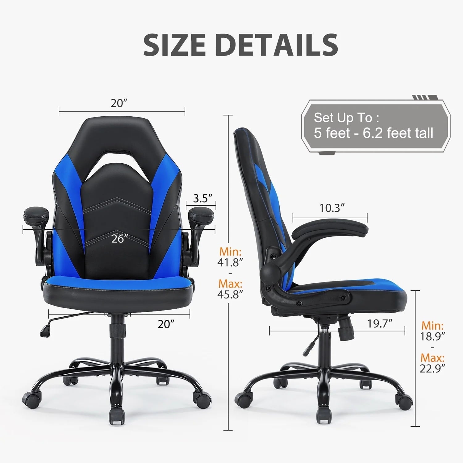 Ergonomic Gaming Chair, High Back PU Leather Computer Desk Chair with Lumbar Support, Flip-up Armrests & Adjustable Height, Black Blue