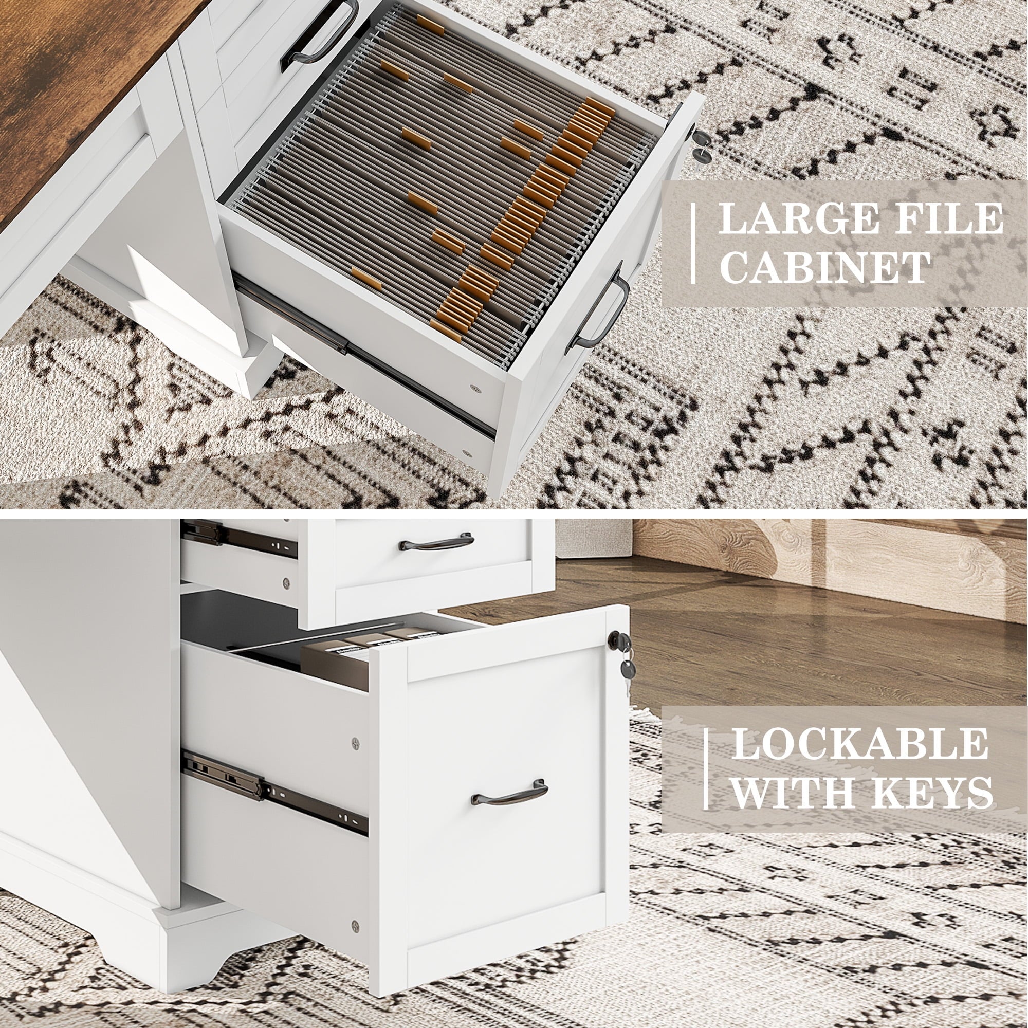 Alohappy Executive Desk with File Drawers, 55'' Farmhouse Desk Modern for Adult Home Office, White