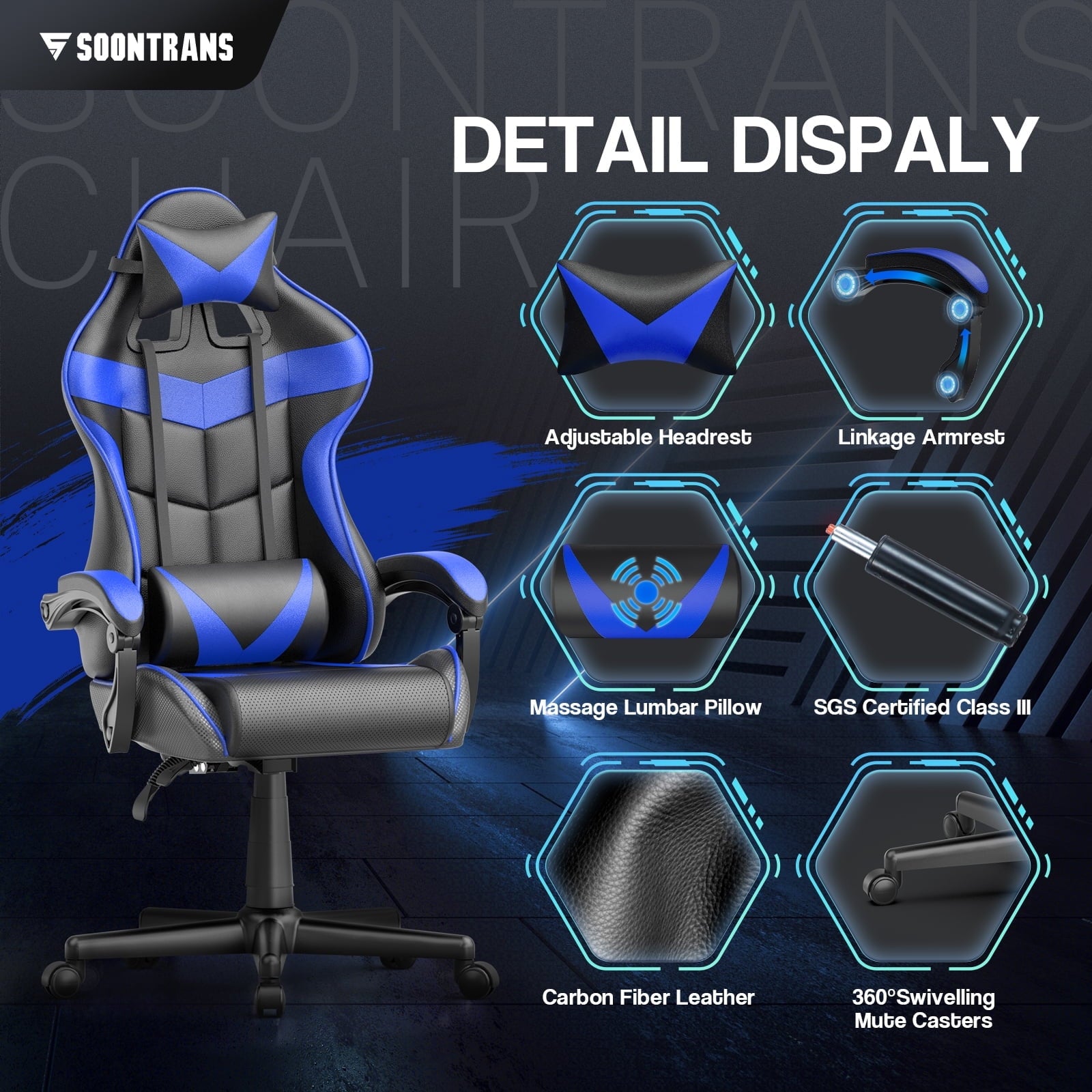 Soontrans Gaming Chair with Massage, High Back Computer Gamer Chair for Adults and s, Ergonomic Game Chair with Adjustable Headrest and Lumbar Support (Blue)