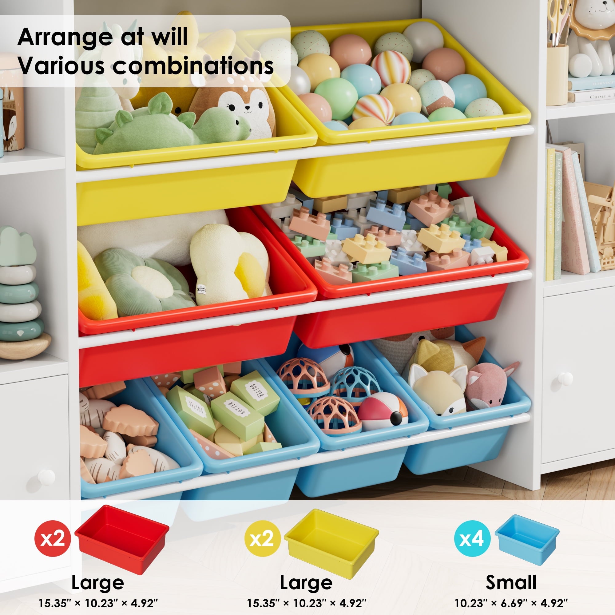Homfa Kids Toy Storage Organizer Bookcase with 8 Bins, Storage Organizer Bookshelf with 2 Door for Children Playroom Organization, White/Red/Blue/Yellow