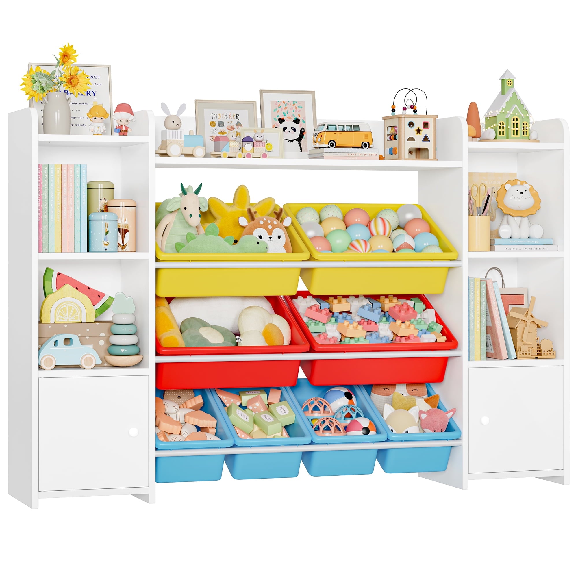 Homfa Kids Toy Storage Organizer Bookcase with 8 Bins, Storage Organizer Bookshelf with 2 Door for Children Playroom Organization, White/Red/Blue/Yellow
