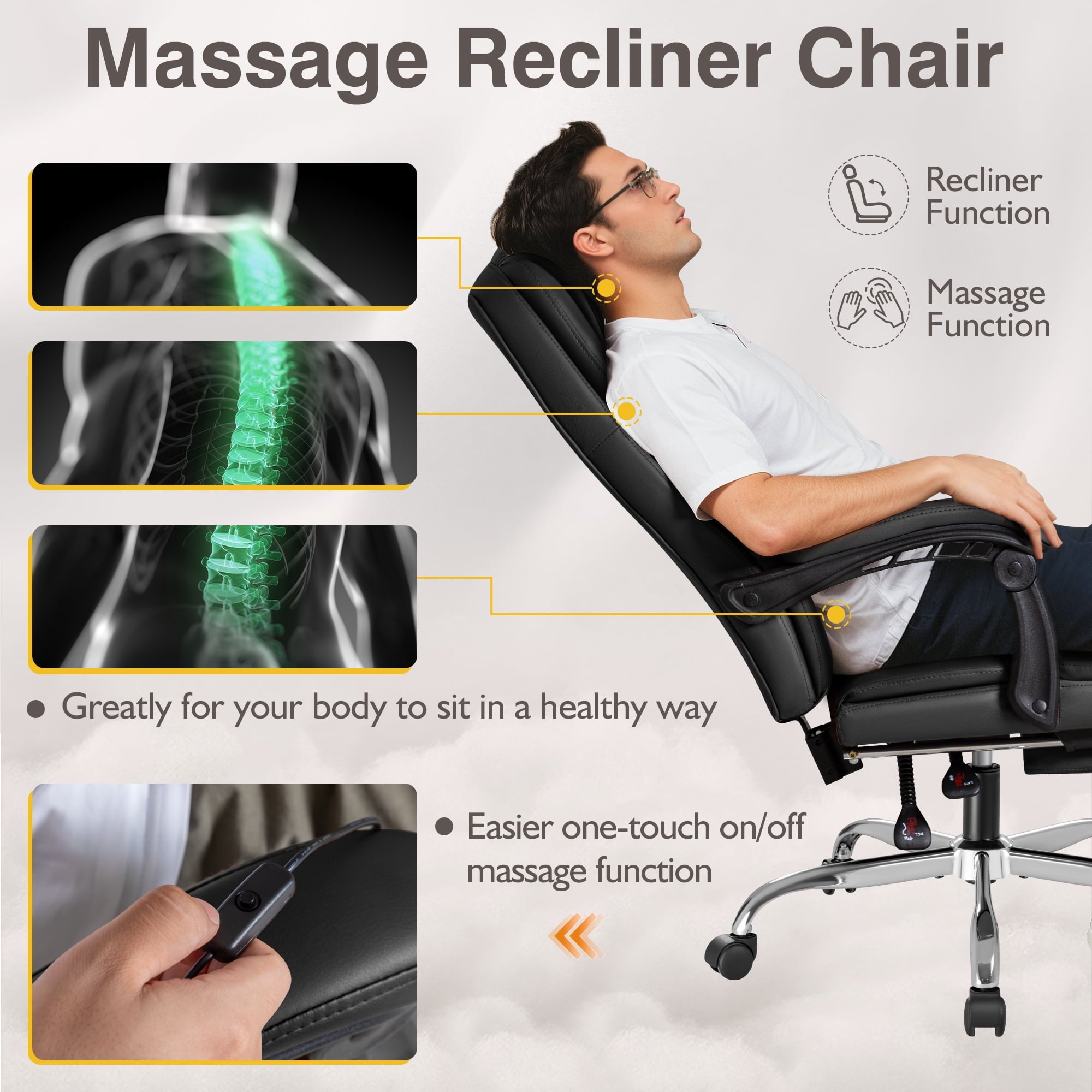 Furmax Reclining Computer Chair Ergonomic Executive Office Chair Height Adjustable Leather Chair With Armsrests,Black