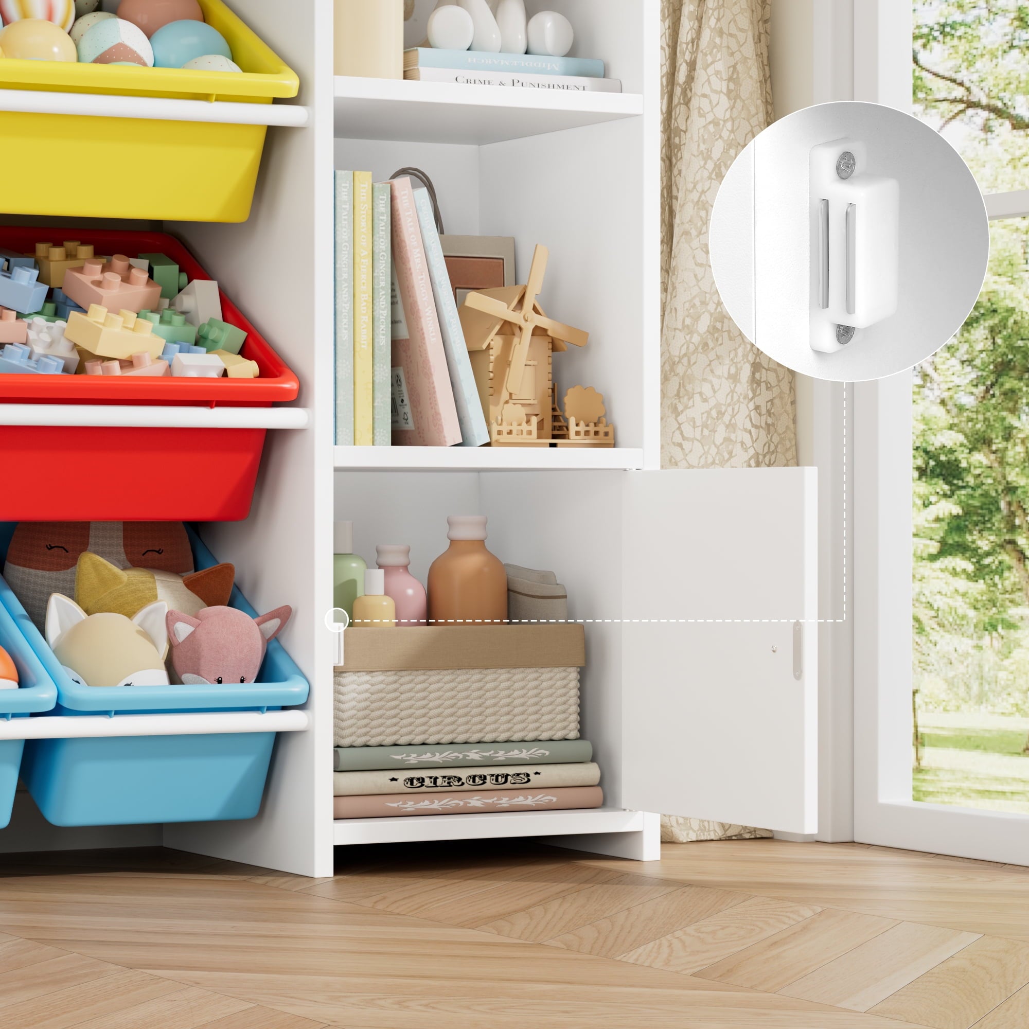 Homfa Kids Toy Storage Organizer Bookcase with 8 Bins, Storage Organizer Bookshelf with 2 Door for Children Playroom Organization, White/Red/Blue/Yellow