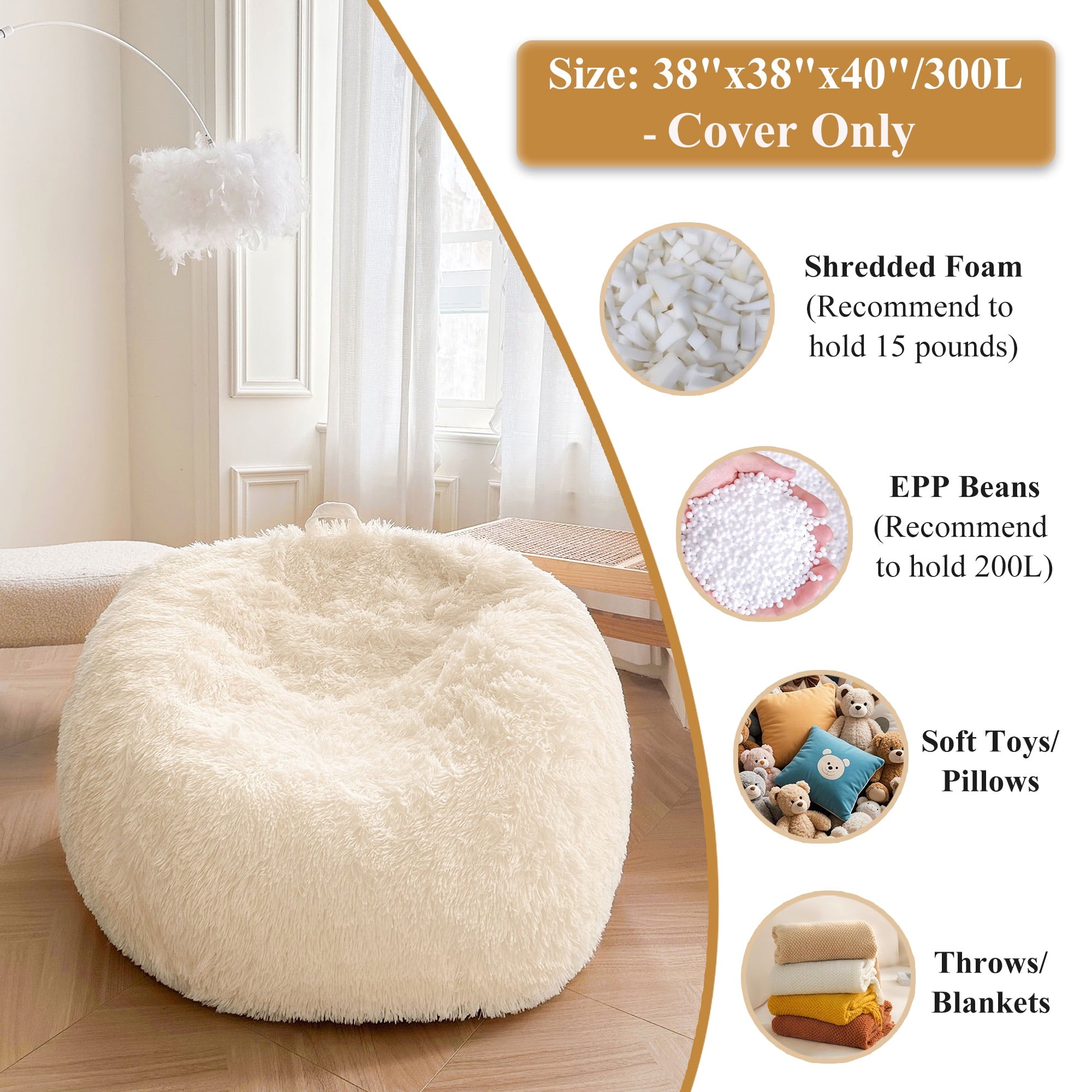 XeGe Fluffy Stuffed Animal Storage Bean Bag Chair Cover(No Filler), Faux Fur Washable Ultra Soft Bean Bag Cover for Plush Toys or Textile,Plush Shaggy Large Beanbag for Adults Kids Teens, Beige