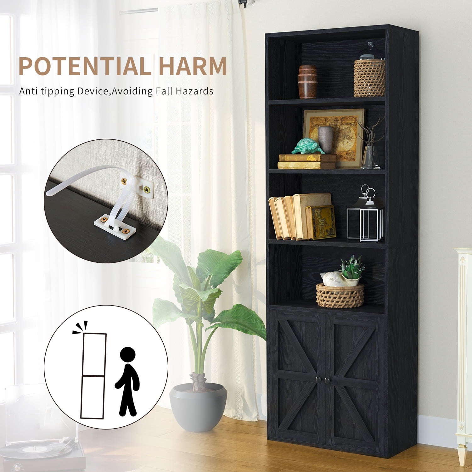 Easoger 6 Tier Bookcase Set of 2, Bookshelves with Barn Cabinet Doors, Floor Bookshelves for Home Office, Living Room, Black